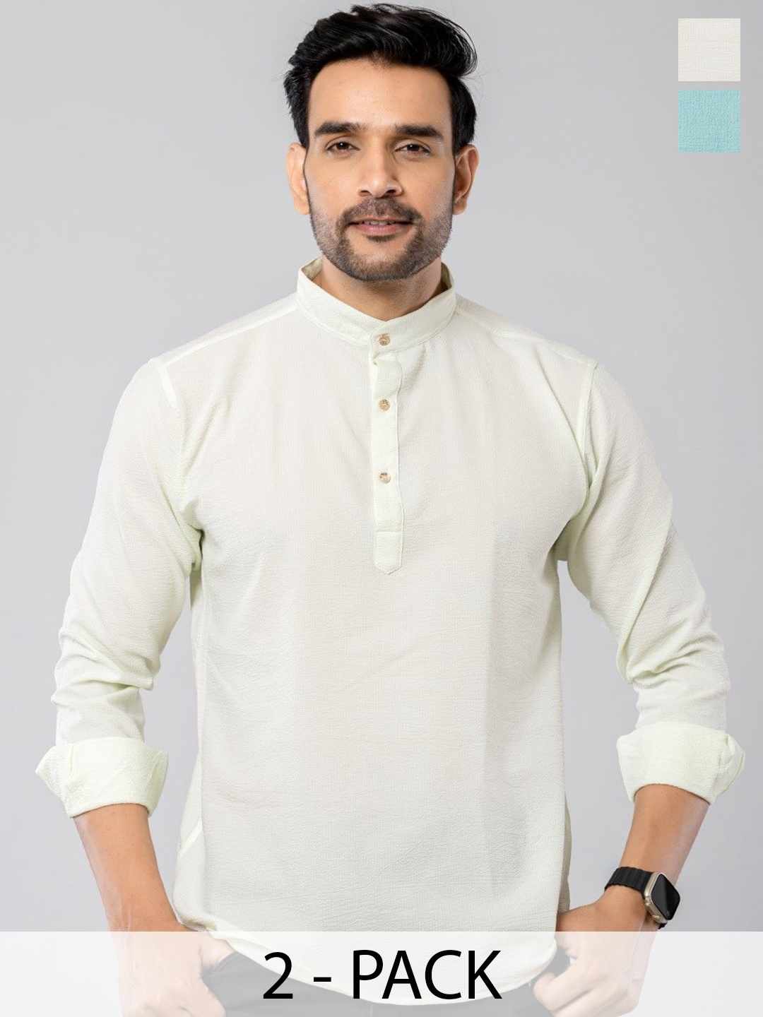 Aanys Culture Selection of 2 Mandarin Collar Long Sleeves Straight Short Kurtas, Turquoise blue
Aanys Culture Selection of 2 Mandarin Collar Long Sleeves Straight Short Kurtas, Turquoise blue