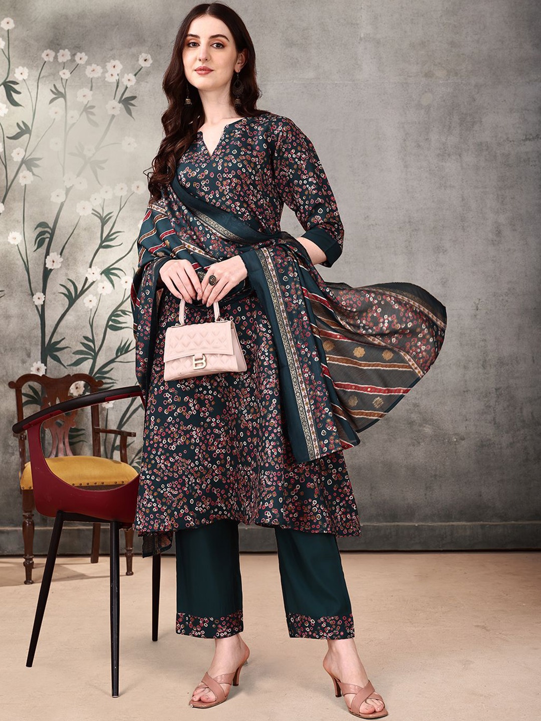 KALINI Geometric Printed Mandarin Collar Anarkali Kurta With Palazzos & Dupatta, Green
KALINI Geometric Printed Mandarin Collar Anarkali Kurta With Palazzos & Dupatta, Green