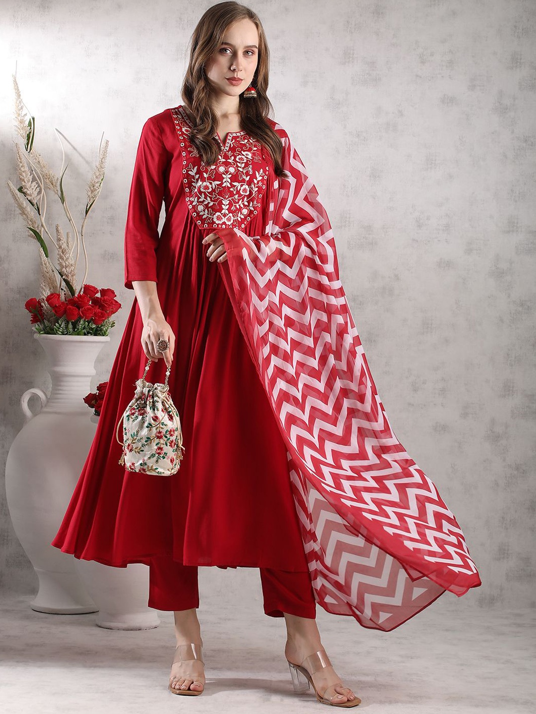 GoSriKi Floral Embroidered Thread Work A-Line Kurta with Trouser & Dupatta, Red
GoSriKi Floral Embroidered Thread Work A-Line Kurta with Trouser & Dupatta, Red