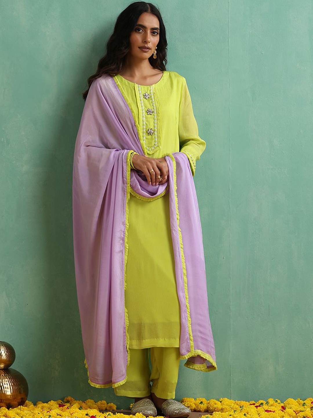 indy Raaga Round Neck Beads and Stones & Lace Work Straight Kurta with Trousers, Fluorescent green
indy Raaga Round Neck Beads and Stones & Lace Work Straight Kurta with Trousers, Fluorescent green