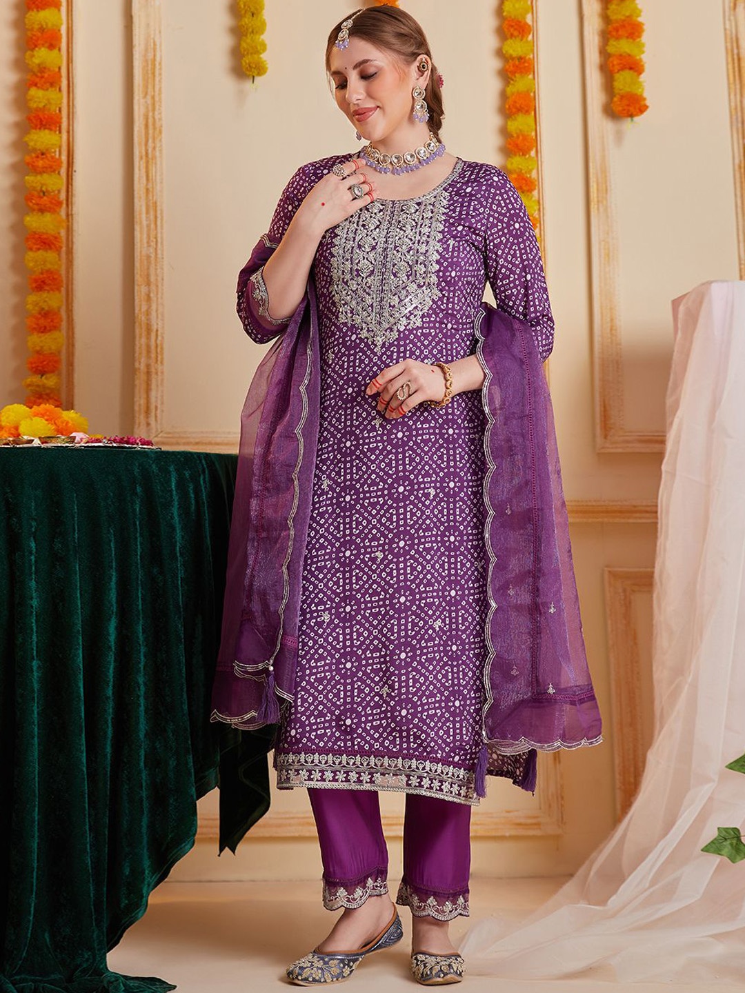 HEEPOSH Bandhani Printed Thread Work Cotton Silk Straight Kurta with Trousers & Dupatta, Purple
HEEPOSH Bandhani Printed Thread Work Cotton Silk Straight Kurta with Trousers & Dupatta, Purple