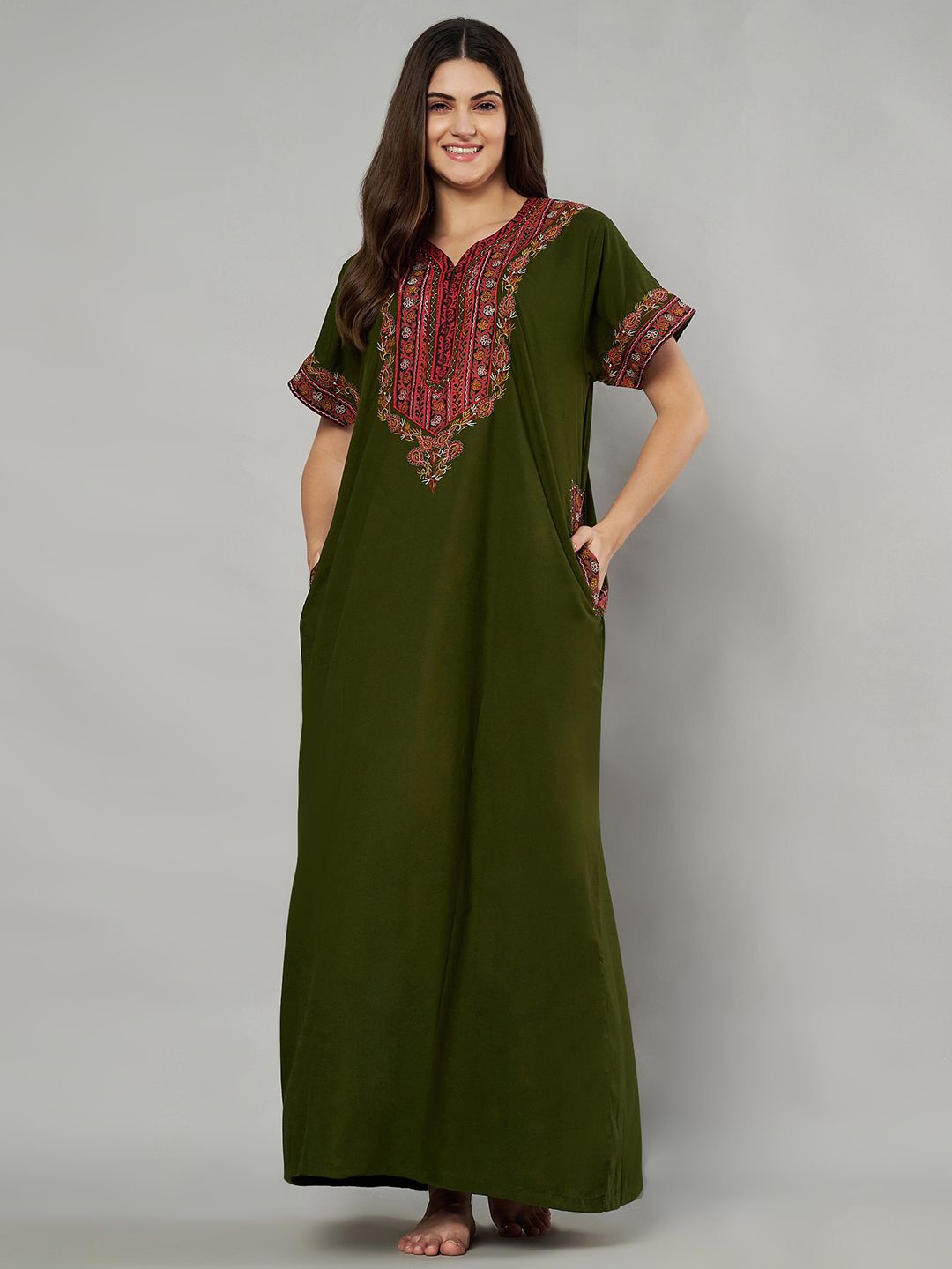KOI SLEEPWEAR Women Ethnic Motifs Printed V-Neck Short Sleeves Maxi Everyday Nightdress, Olive
KOI SLEEPWEAR Women Ethnic Motifs Printed V-Neck Short Sleeves Maxi Everyday Nightdress, Olive