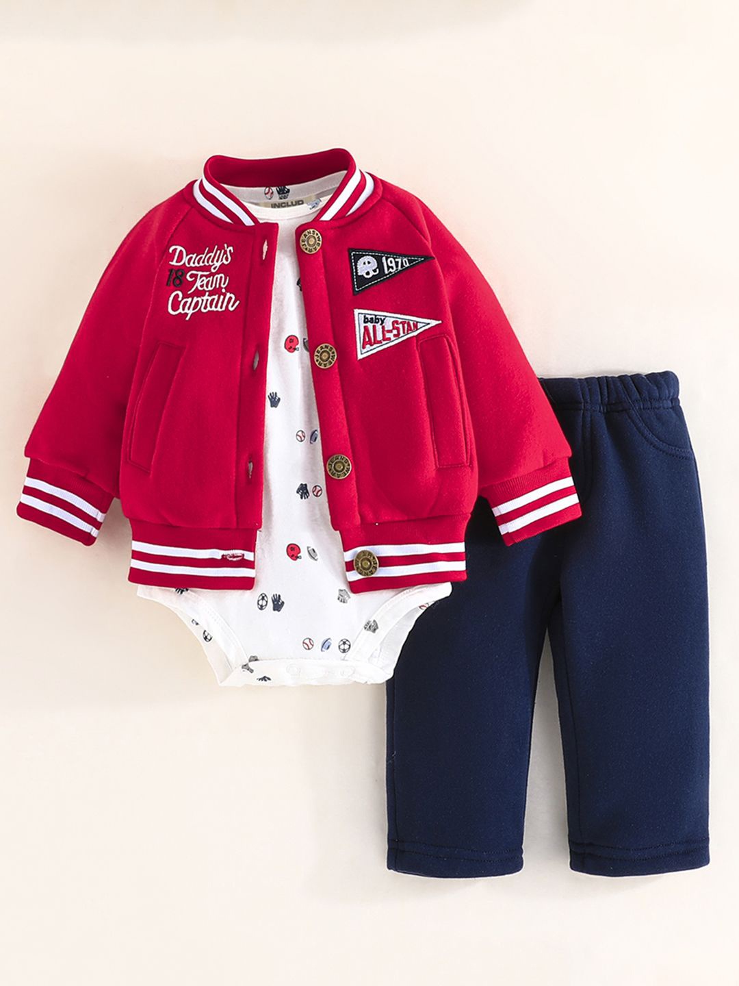 INCLUD Boys Printed Round Neck Long Sleeves Jacket With Trouser With Baby Suit, White
INCLUD Boys Printed Round Neck Long Sleeves Jacket With Trouser With Baby Suit, White