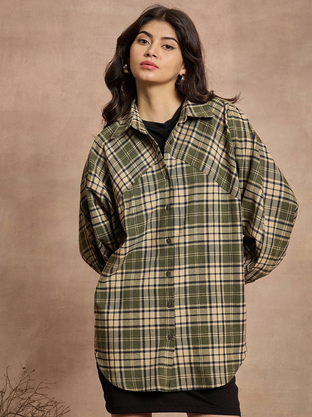 SASSAFRAS Women Relaxed Spread Collar Windowpane Checked Cotton Oversized Casual Shirt, Green
SASSAFRAS Women Relaxed Spread Collar Windowpane Checked Cotton Oversized Casual Shirt, Green