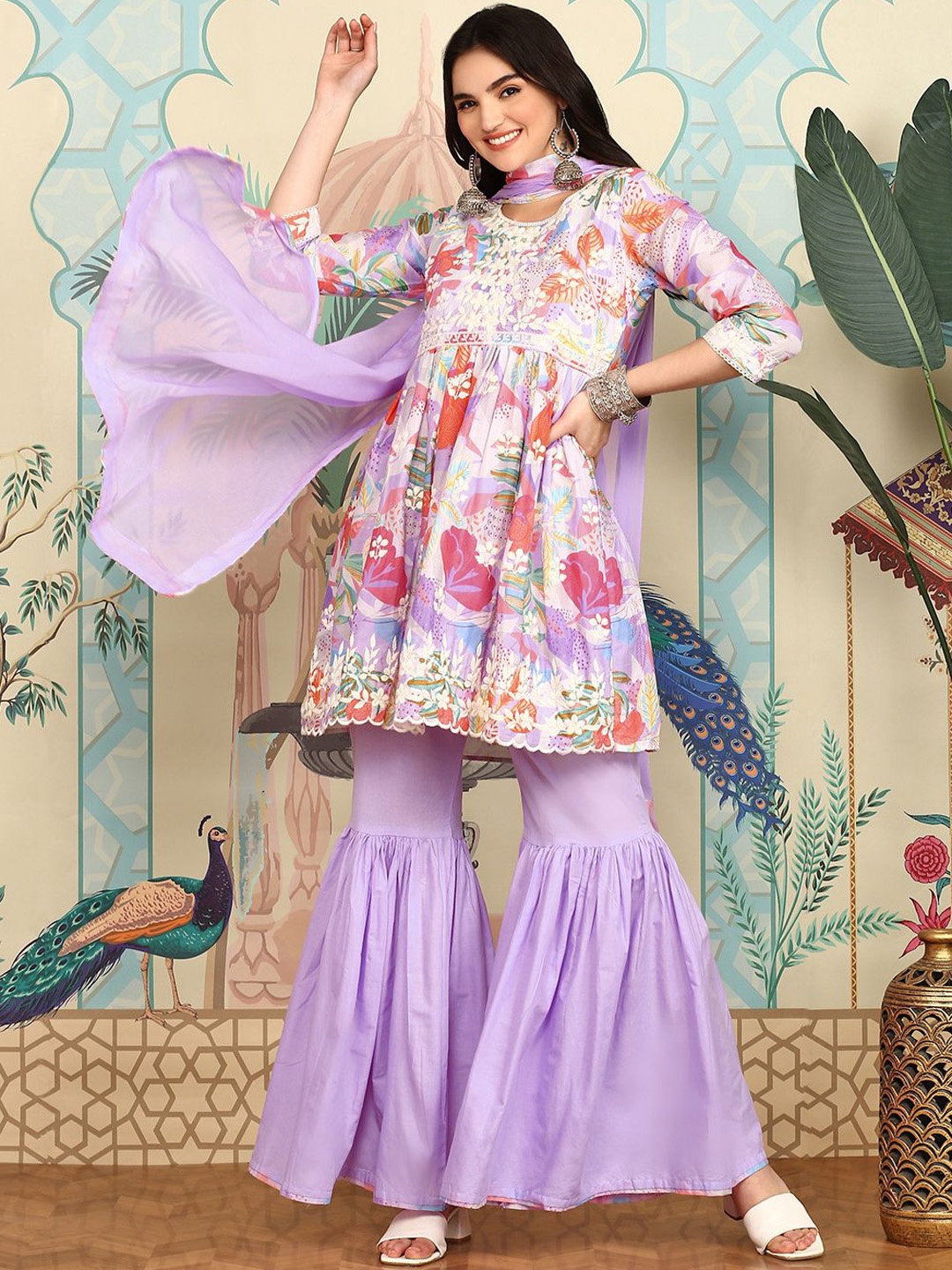 Ishin Floral Printed Thread Work Pure Cotton A-Line Kurta with Sharara & Dupatta, Lavender
Ishin Floral Printed Thread Work Pure Cotton A-Line Kurta with Sharara & Dupatta, Lavender