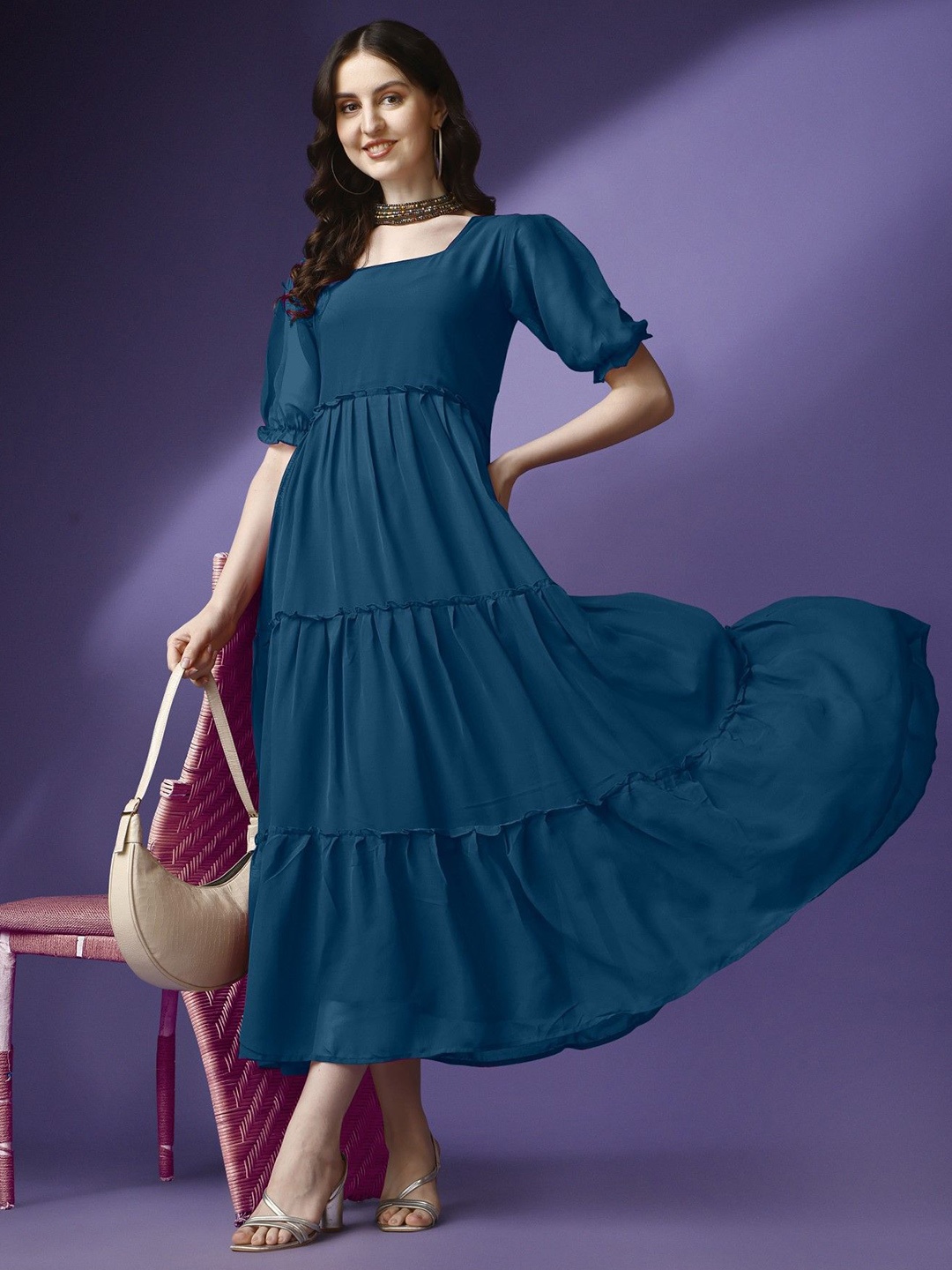 Krunal Raiyani Women Bell Sleeve Applique Georgette Fit & Flare Solid Maxi Dress, Blue
Krunal Raiyani Women Bell Sleeve Applique Georgette Fit & Flare Solid Maxi Dress, Blue