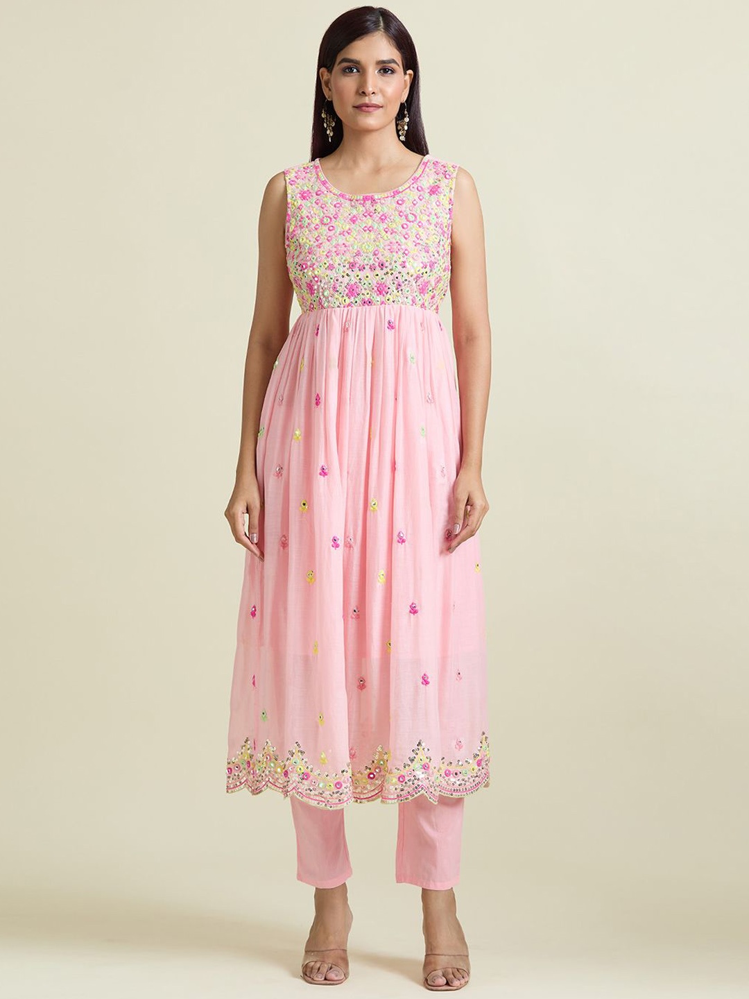 Samyukta Singhania Floral Embroidered Mirror Work Cotton Anarkali Kurta With Trousers & Dupatta, Pink
Samyukta Singhania Floral Embroidered Mirror Work Cotton Anarkali Kurta With Trousers & Dupatta, Pink