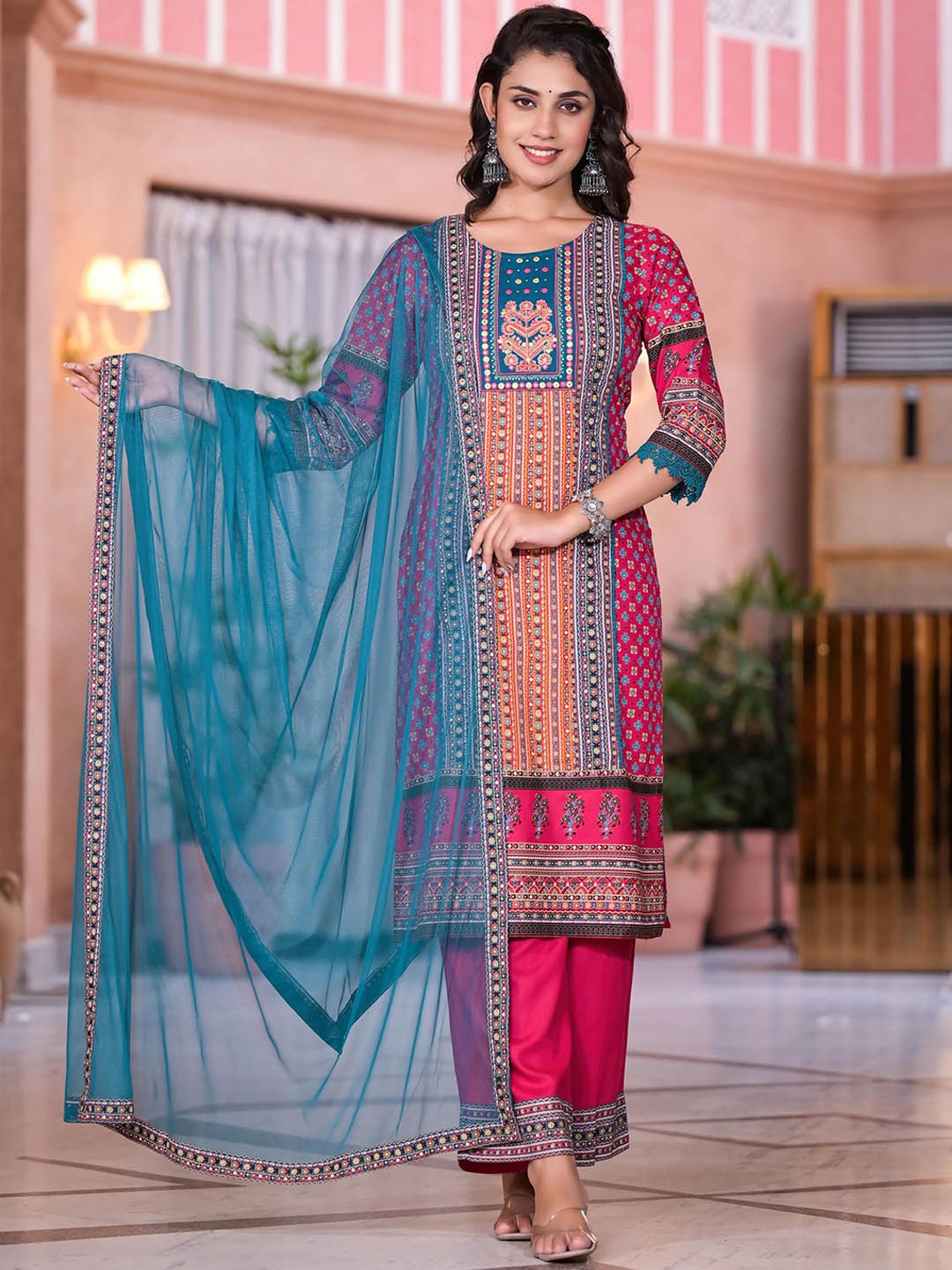 Juniper Ethnic Motifs Printed Mirror Work Liva Kurta With Palazzos & Dupatta, Fuchsia
Juniper Ethnic Motifs Printed Mirror Work Liva Kurta With Palazzos & Dupatta, Fuchsia