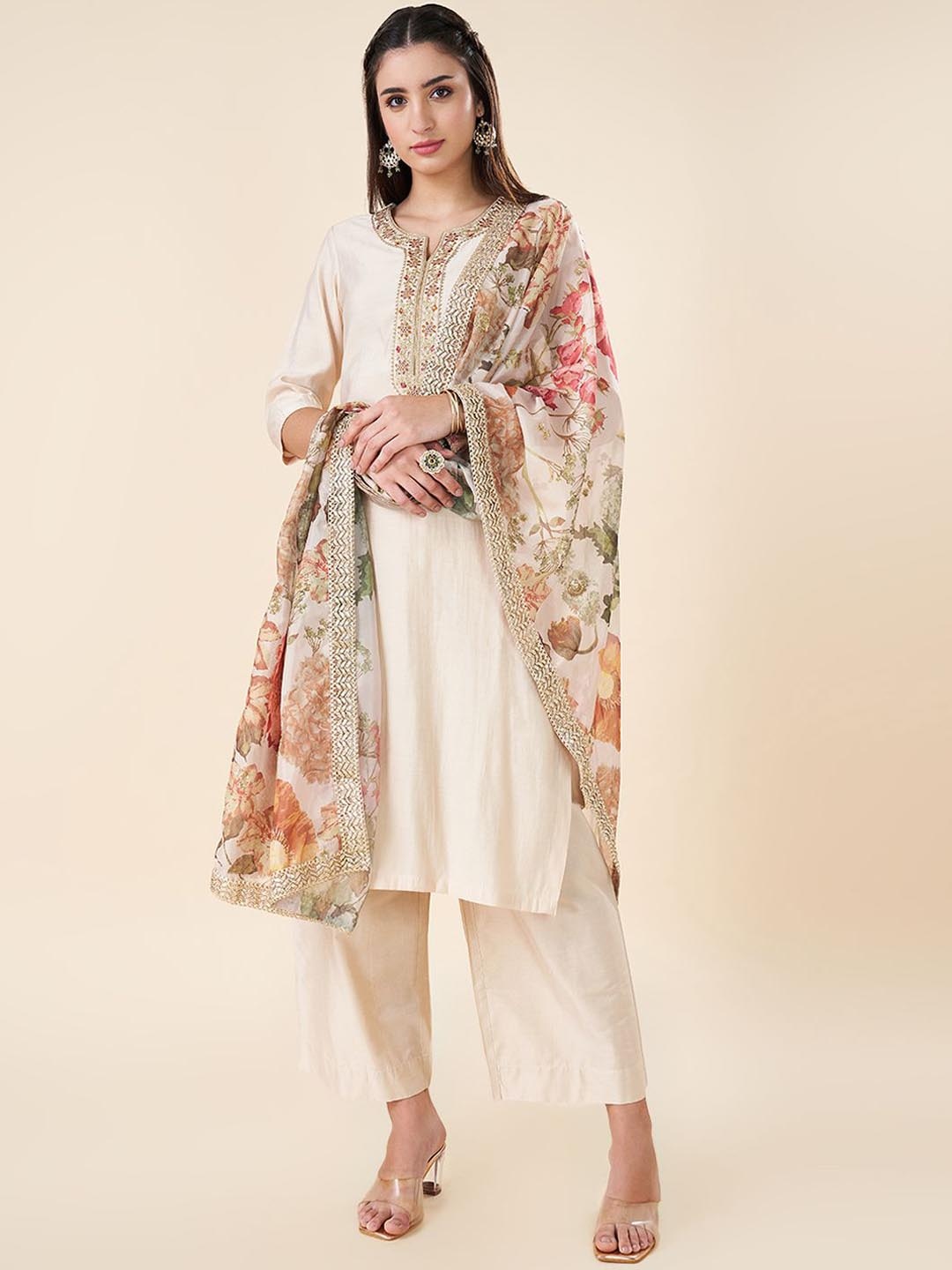 RANGMANCH BY PANTALOONS Floral Embroidered Thread Work Kurta with Palazzo & Dupatta, Cream
RANGMANCH BY PANTALOONS Floral Embroidered Thread Work Kurta with Palazzo & Dupatta, Cream