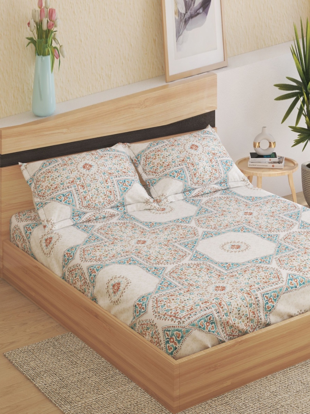 Home Centre Off White & Blue Ethnic Motifs 144 TC Queen Bedsheet with 2 Pillow Covers
Home Centre Off White & Blue Ethnic Motifs 144 TC Queen Bedsheet with 2 Pillow Covers