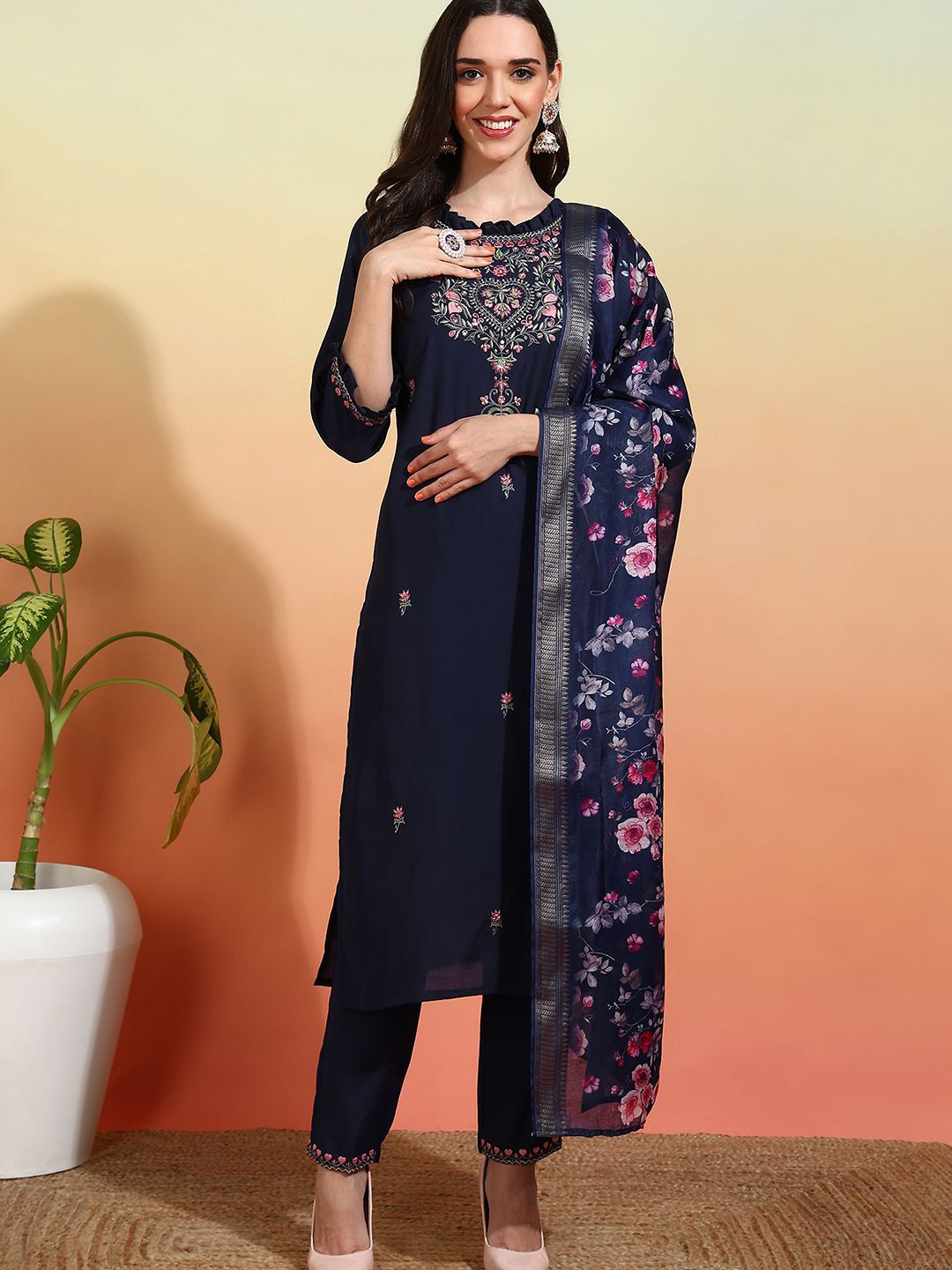 Royal Export Ethnic Motifs Embroidered Sequinned Straight Kurta With Trouser & Dupatta, Navy blue
Royal Export Ethnic Motifs Embroidered Sequinned Straight Kurta With Trouser & Dupatta, Navy blue