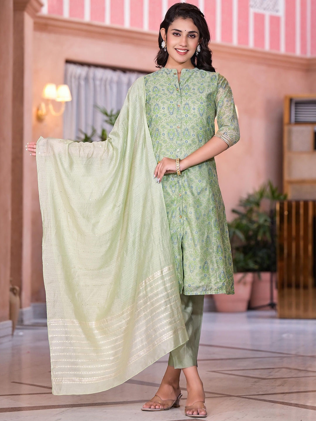 Juniper Floral Printed Sequinned Chanderi Cotton A Line Kurta with Trousers & Dupatta, Green
Juniper Floral Printed Sequinned Chanderi Cotton A Line Kurta with Trousers & Dupatta, Green