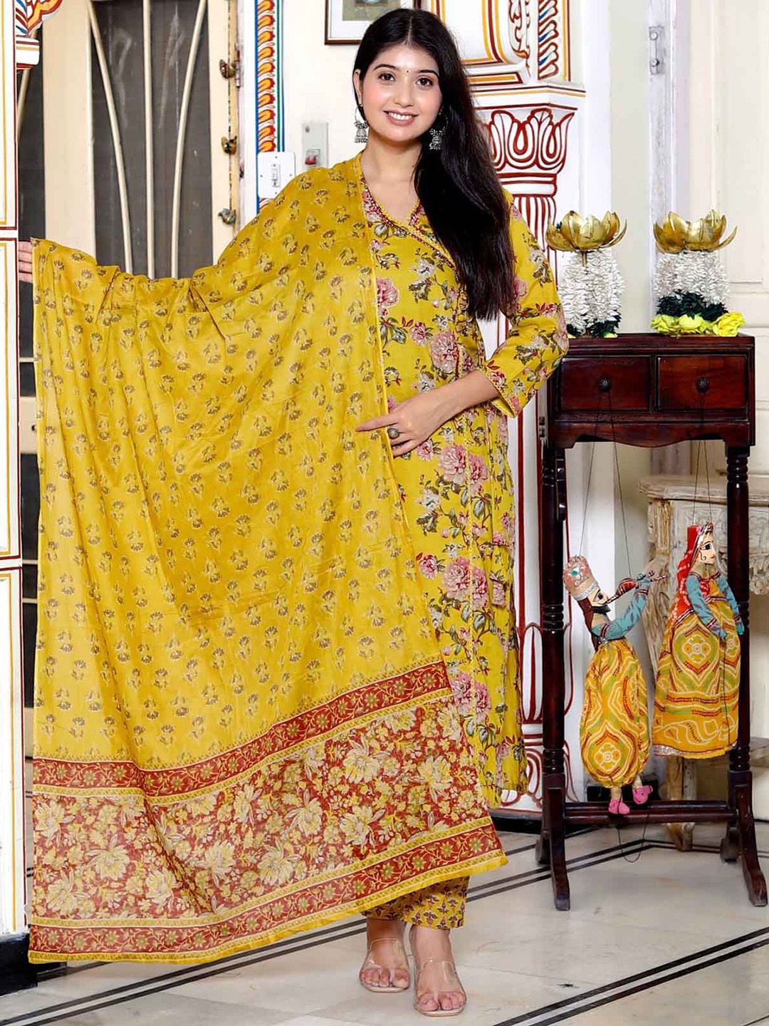 Nehamta Floral Printed Sequinned Pure Cotton Straight Kurta With Trousers & Dupatta, Mustard
Nehamta Floral Printed Sequinned Pure Cotton Straight Kurta With Trousers & Dupatta, Mustard