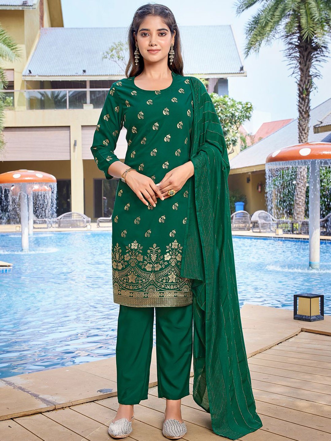 Royal Export Ethnic Motifs Printed Woven Design Zari Kurta With Trousers & Dupatta, Green
Royal Export Ethnic Motifs Printed Woven Design Zari Kurta With Trousers & Dupatta, Green