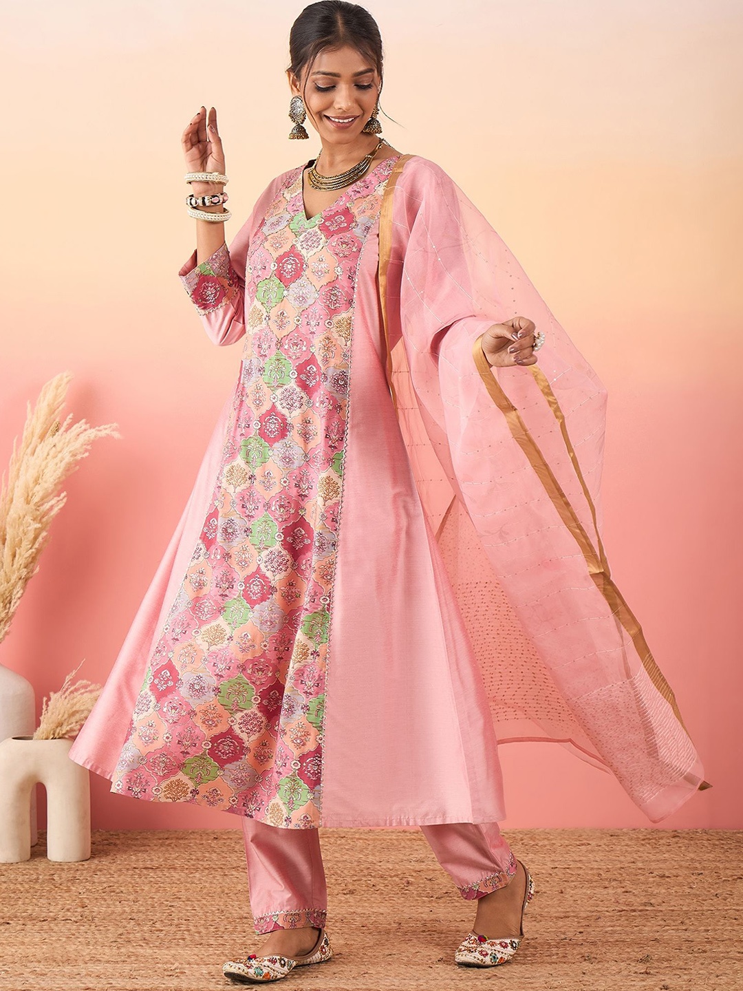 Madhuni Ethnic Motifs Printed Sequined Chanderi Silk Kurta With Trousers & Dupatta, Pink
Madhuni Ethnic Motifs Printed Sequined Chanderi Silk Kurta With Trousers & Dupatta, Pink