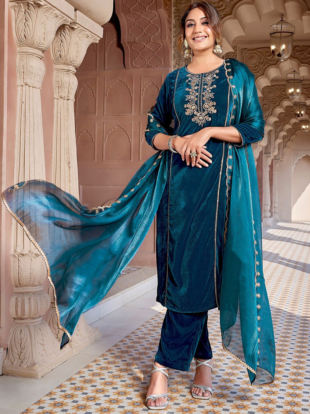 Janasya Floral Embroidered Sequinned Velvet A-Line Kurta With Trouser & Dupatta, Teal
Janasya Floral Embroidered Sequinned Velvet A-Line Kurta With Trouser & Dupatta, Teal