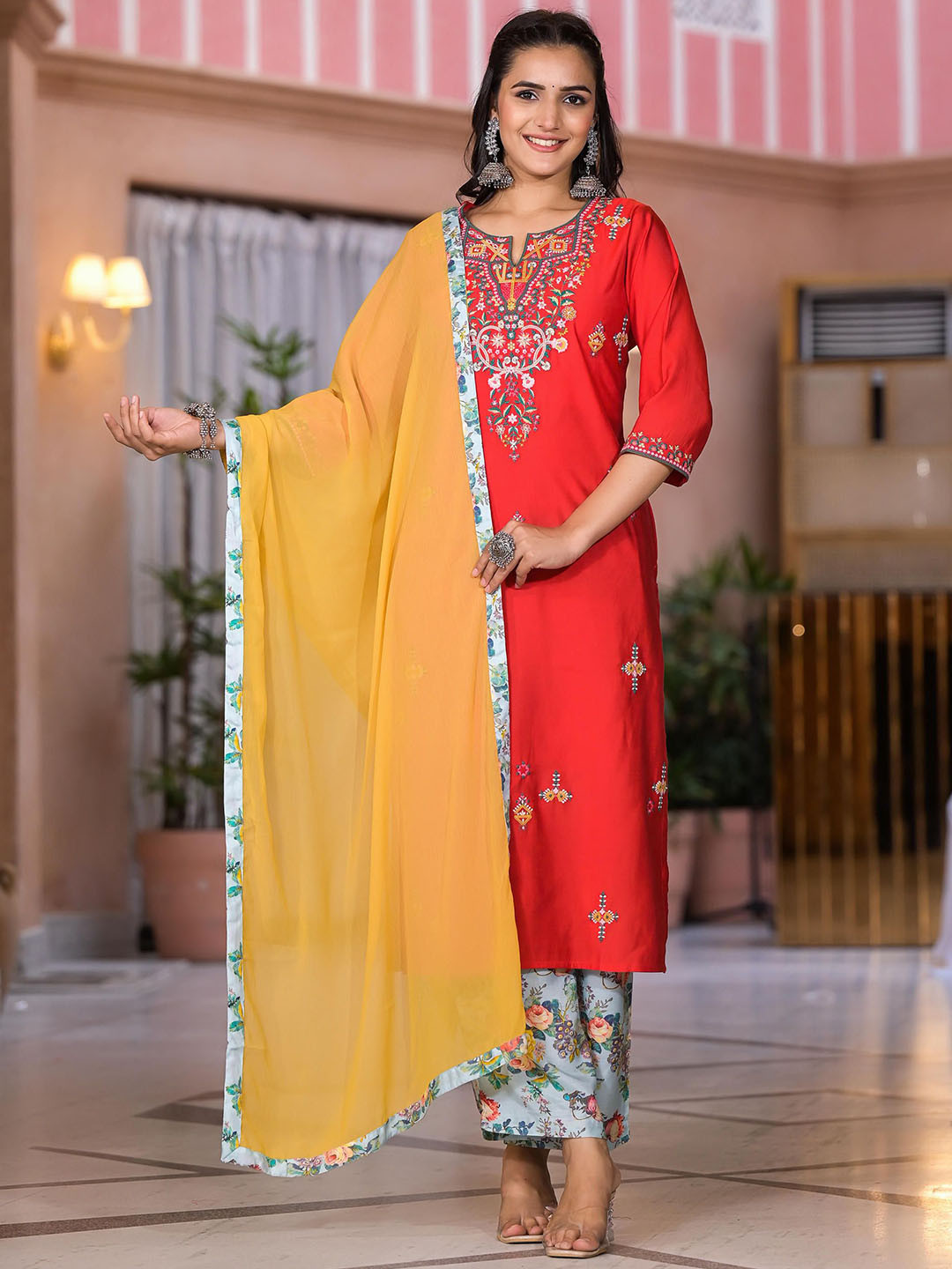 Juniper Floral Embroidered Thread Work Straight Kurta with Palazzo & Dupatta, Orange
Juniper Floral Embroidered Thread Work Straight Kurta with Palazzo & Dupatta, Orange