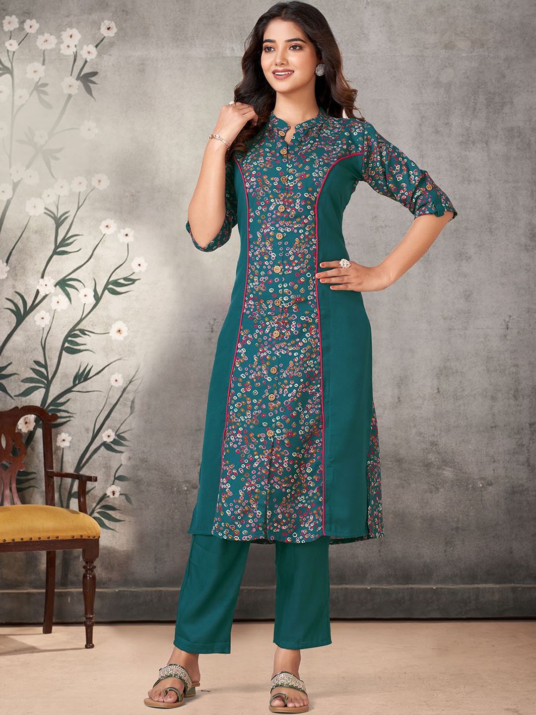 KALINI Ethnic Motifs Printed Mandarin Collar Straight Kurta with Palazzos, Green
KALINI Ethnic Motifs Printed Mandarin Collar Straight Kurta with Palazzos, Green