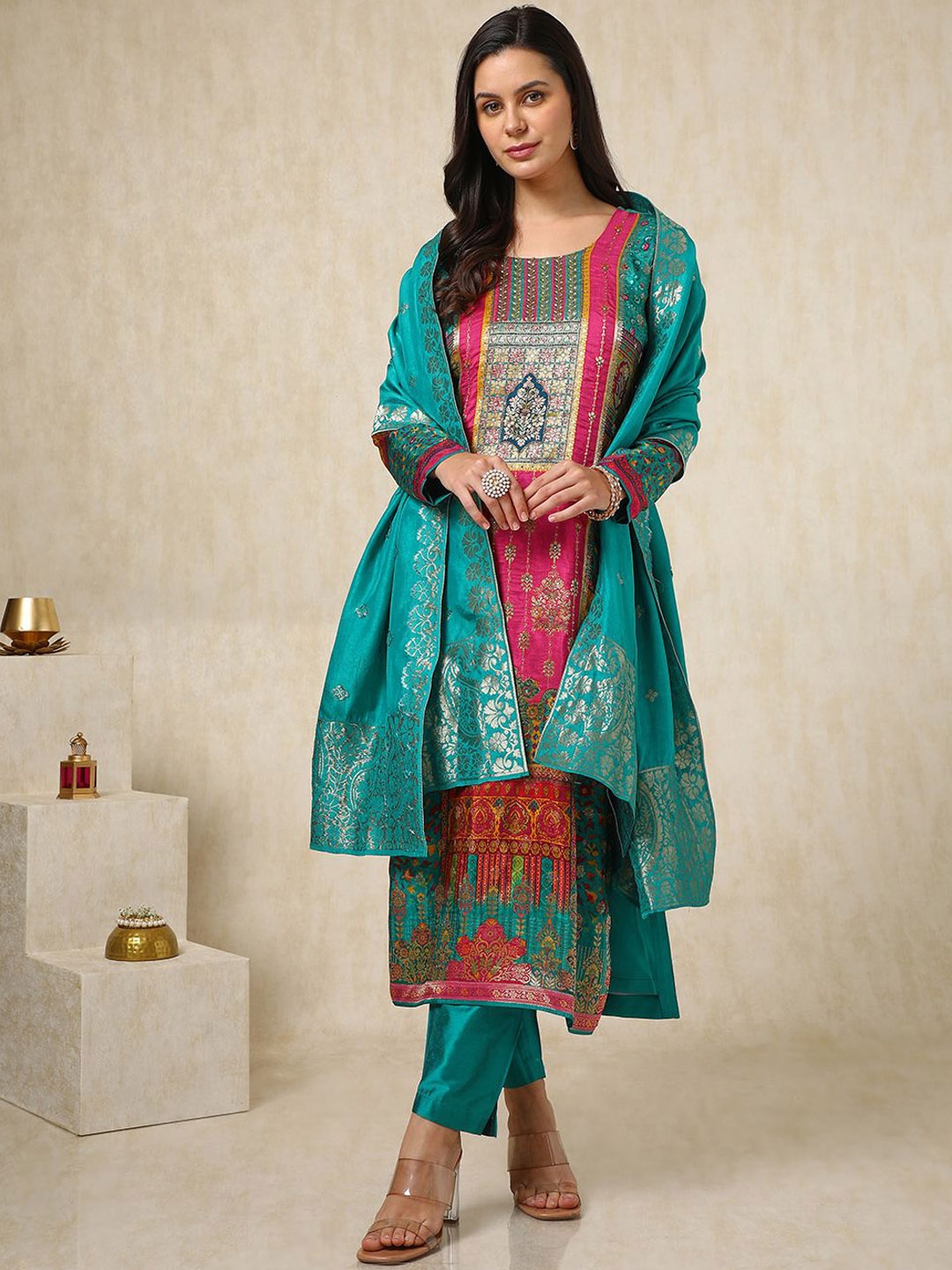 Soch Ethnic Motifs Printed Mirror Work Straight Kurta with Trousers & Dupatta, Teal
Soch Ethnic Motifs Printed Mirror Work Straight Kurta with Trousers & Dupatta, Teal