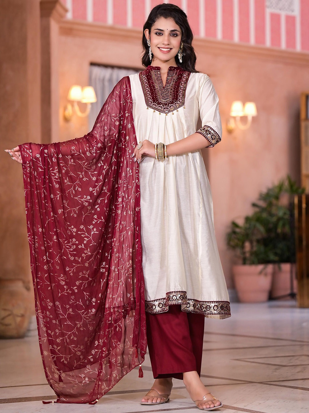 Juniper Sequinned Chanderi Cotton A Line Kurta with Trousers & Dupatta, Beige
Juniper Sequinned Chanderi Cotton A Line Kurta with Trousers & Dupatta, Beige