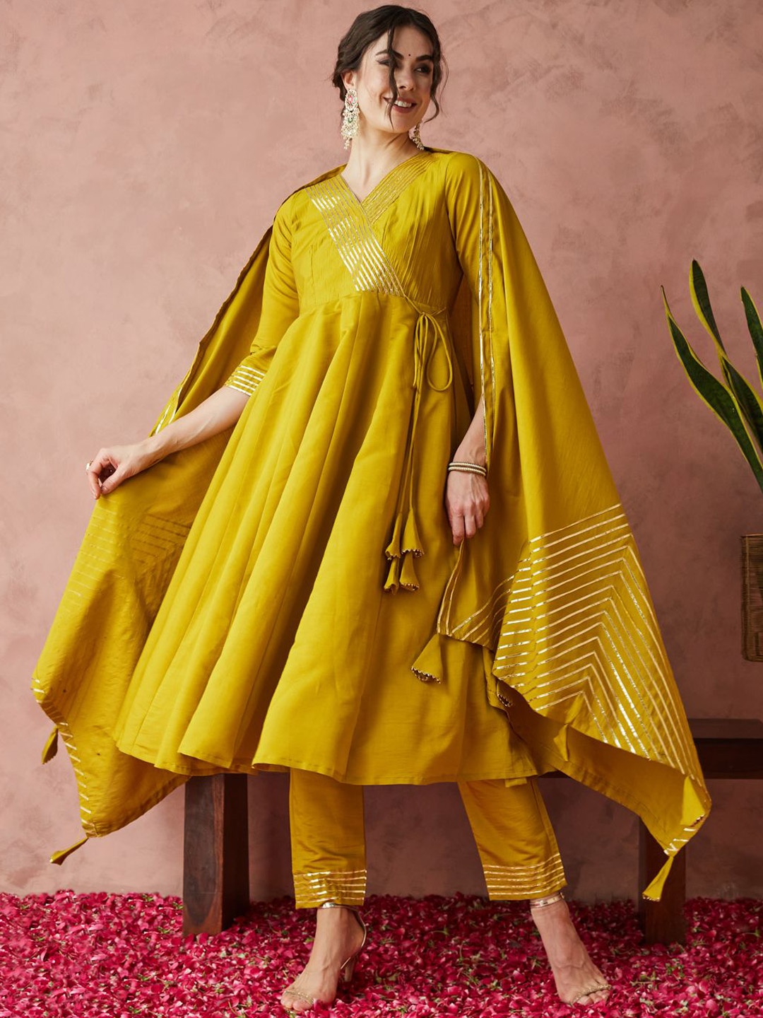 RAJGRANTH Yoke Design Angrakha Gotta Patti Silk Anarkali Kurta With Trousers & Dupatta, Yellow
RAJGRANTH Yoke Design Angrakha Gotta Patti Silk Anarkali Kurta With Trousers & Dupatta, Yellow