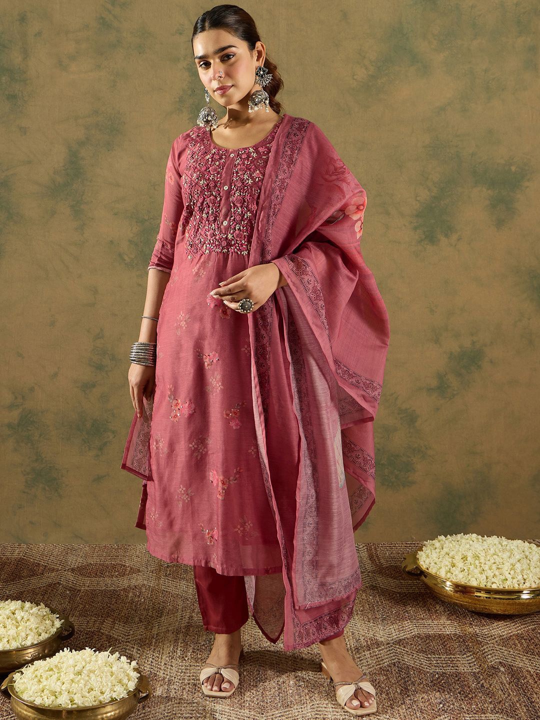 Indo Era Floral Printed Thread Work Chanderi Silk Straight Kurta with Trouser & Dupatta, Rust
Indo Era Floral Printed Thread Work Chanderi Silk Straight Kurta with Trouser & Dupatta, Rust