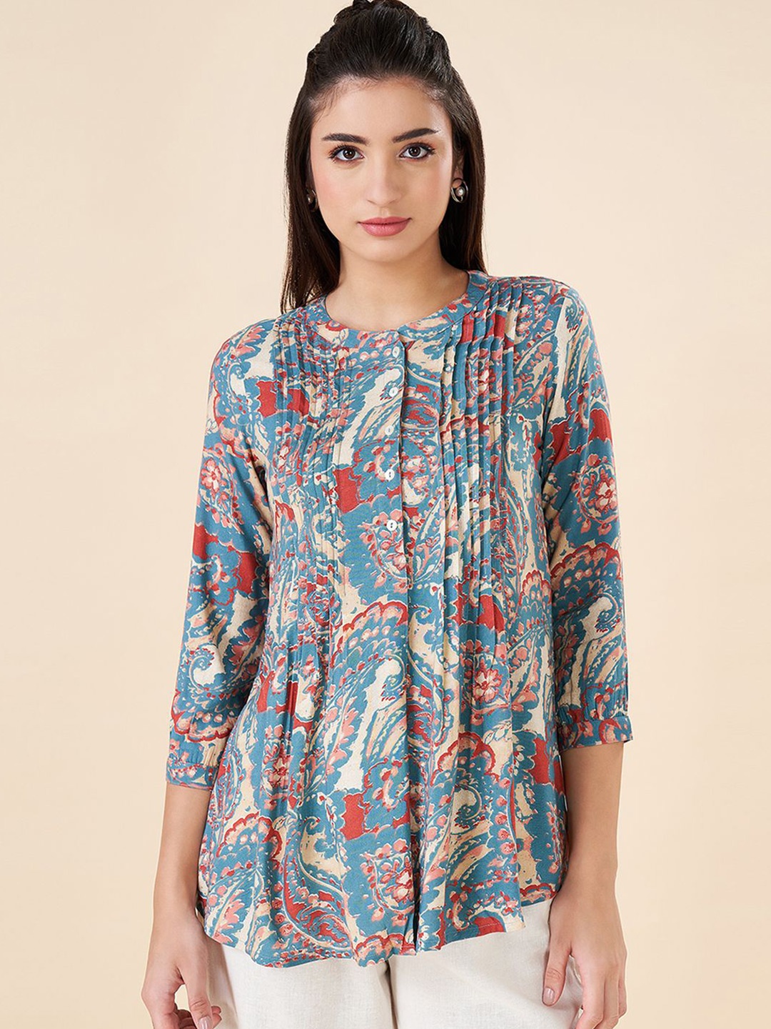 AKKRITI BY PANTALOONS Women Cotton Mandarin Collar Three-Quarter Sleeves Printed Tunic, Blue
AKKRITI BY PANTALOONS Women Cotton Mandarin Collar Three-Quarter Sleeves Printed Tunic, Blue