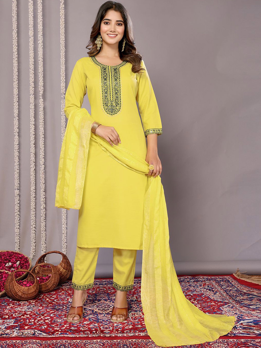 Royal Export Floral Yoke Design Thread Work Straight Kurta with Trousers & Dupatta, Yellow
Royal Export Floral Yoke Design Thread Work Straight Kurta with Trousers & Dupatta, Yellow