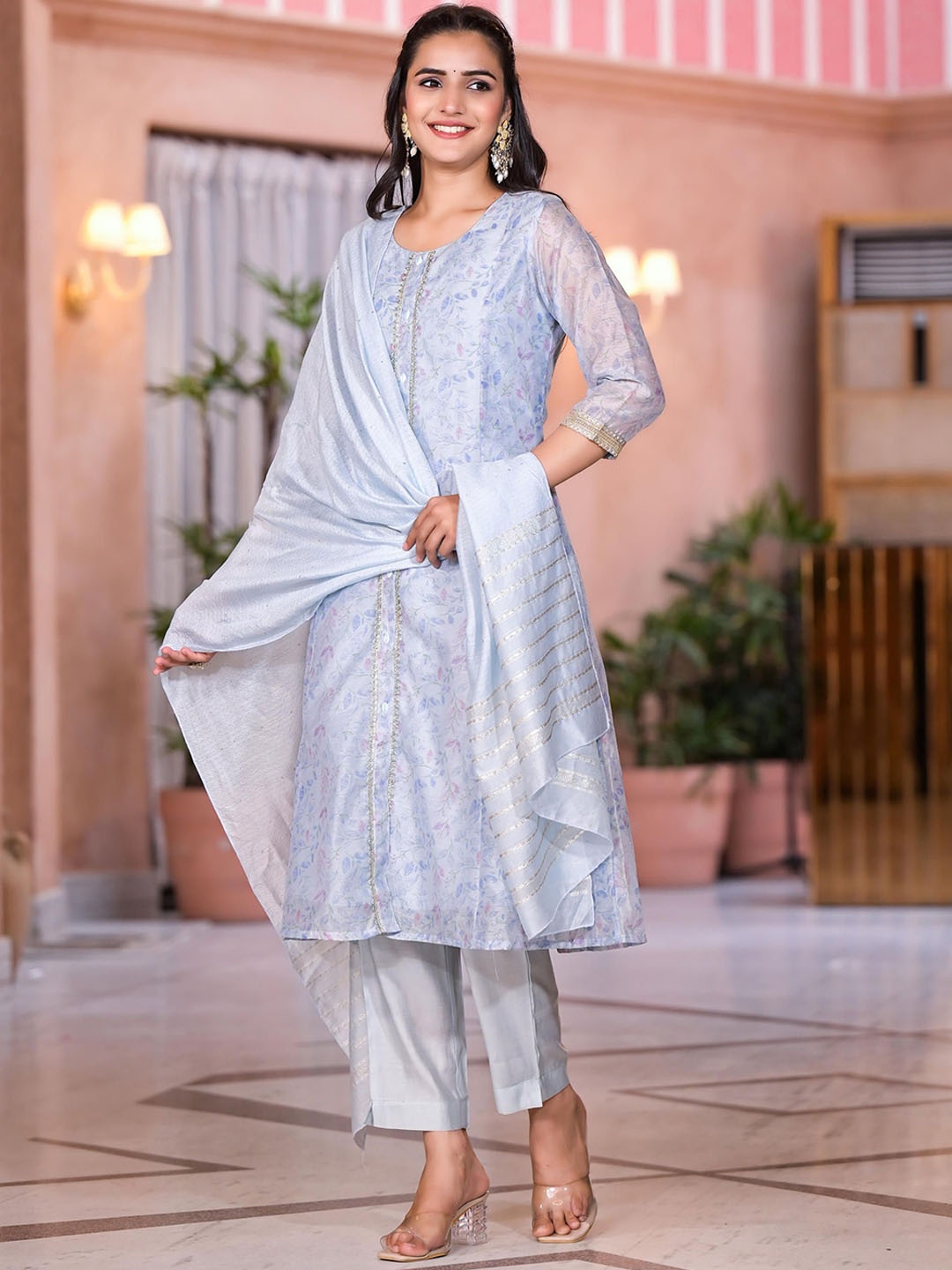 Juniper Floral Printed Panelled Chanderi Cotton A-Line Kurta With Trousers & Dupatta, Grey
Juniper Floral Printed Panelled Chanderi Cotton A-Line Kurta With Trousers & Dupatta, Grey