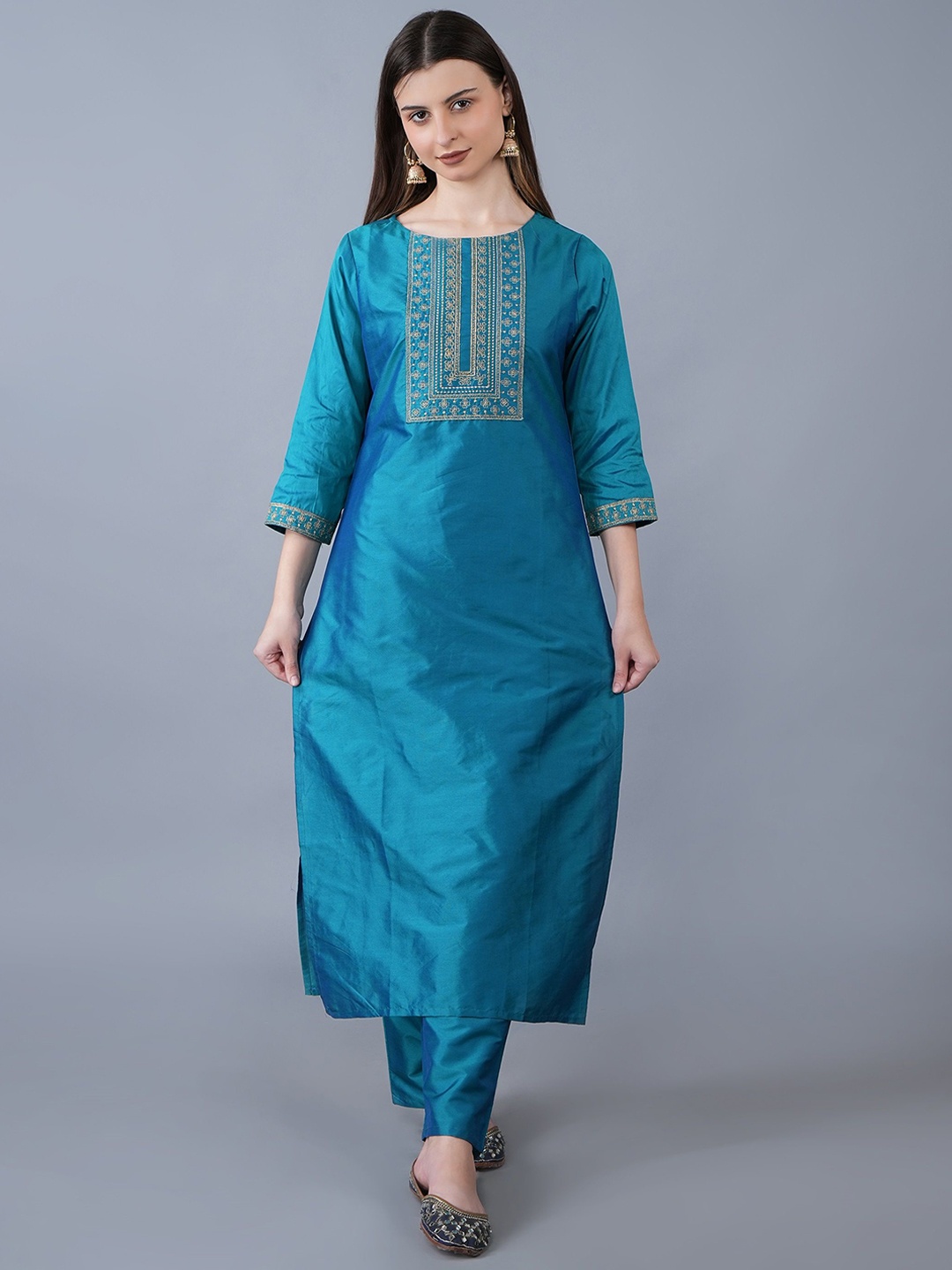 KALINI Women Floral Embroidered Thread Work Art Silk Straight Kurta With Trousers, Teal
KALINI Women Floral Embroidered Thread Work Art Silk Straight Kurta With Trousers, Teal