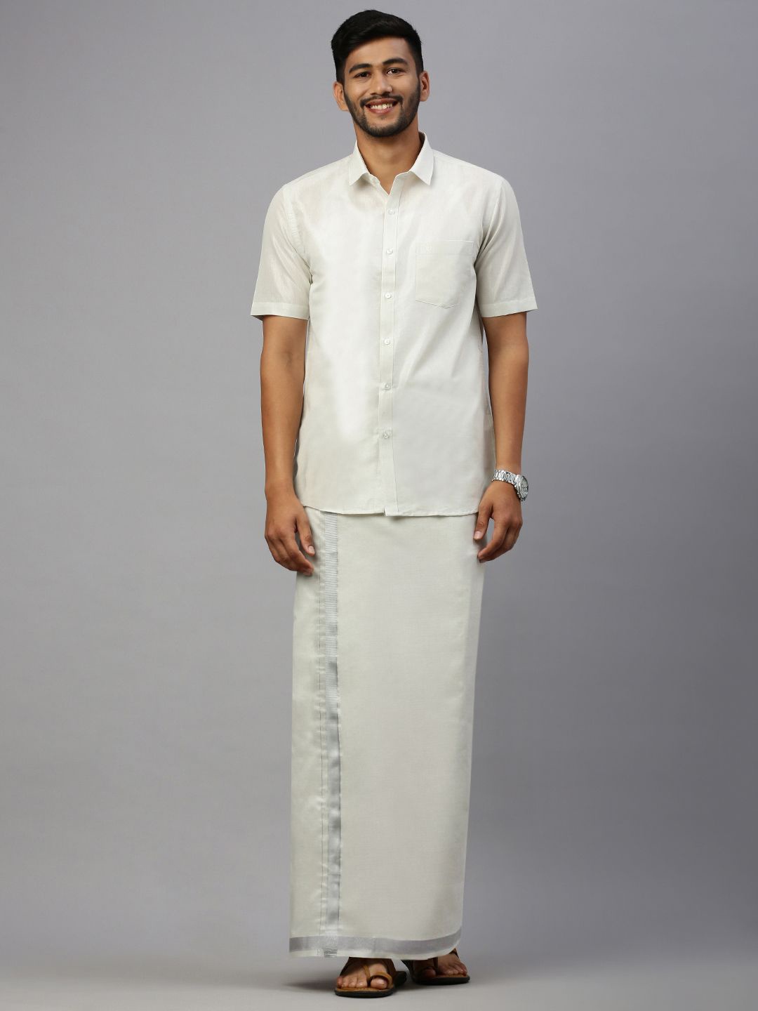 RAMRAJ Men Cotton blend Half Sleeve Shirt with Matching Readymade Single Dhoti Combo, White
RAMRAJ Men Cotton blend Half Sleeve Shirt with Matching Readymade Single Dhoti Combo, White