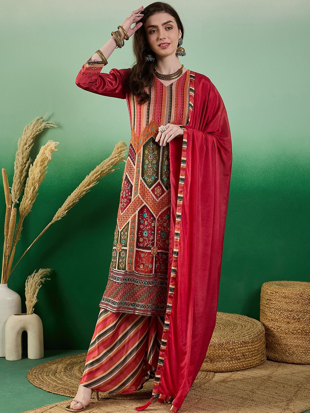 SERONA FABRICS Ethnic Motifs Embroidered Sequinned V-Neck Kurta With Palazzo & Dupatta, Red
SERONA FABRICS Ethnic Motifs Embroidered Sequinned V-Neck Kurta With Palazzo & Dupatta, Red