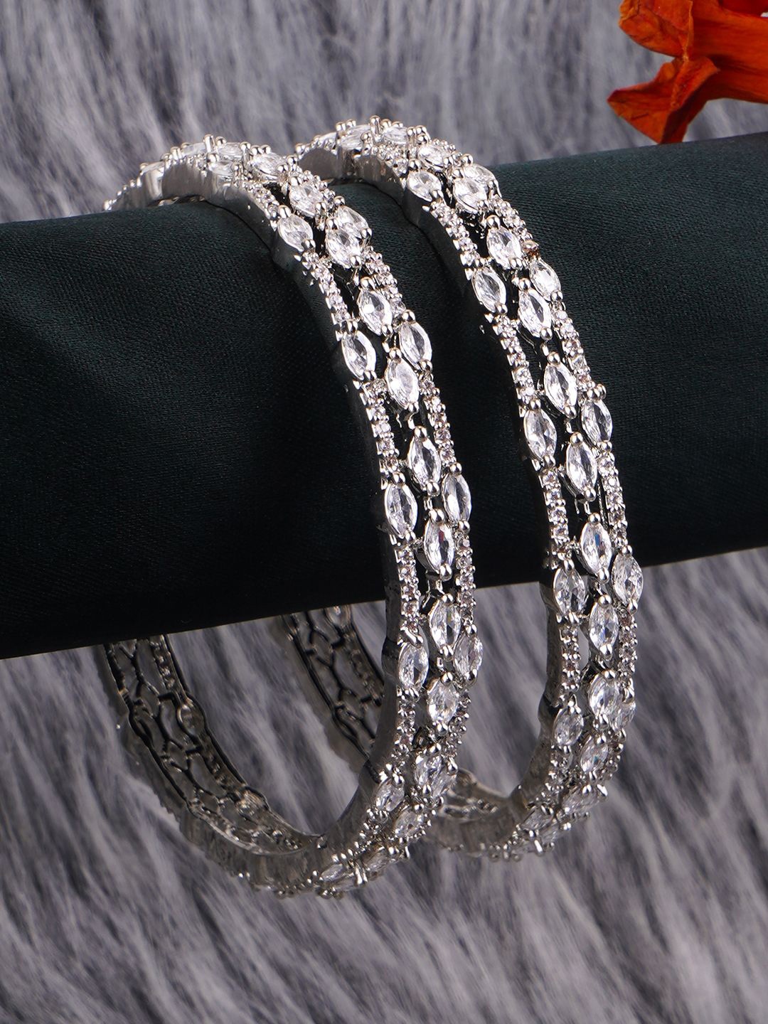 Adwitiya Collection Set Of 2 Rhodium-Plated American Diamond Stone Studded Bangles, Silver
Adwitiya Collection Set Of 2 Rhodium-Plated American Diamond Stone Studded Bangles, Silver