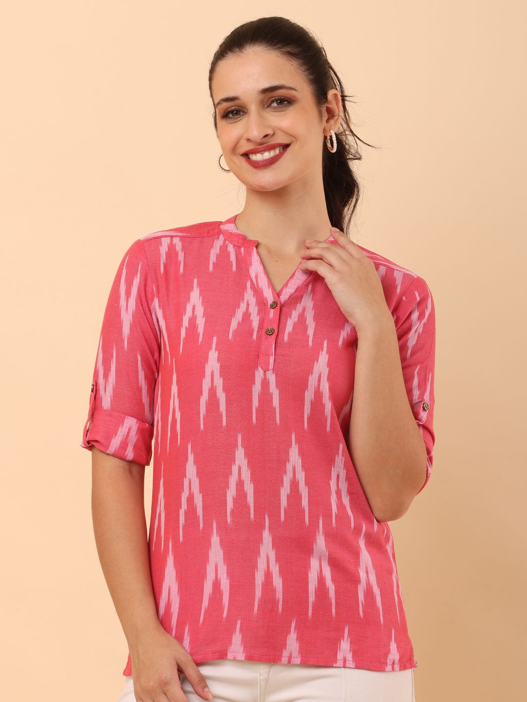 HELLO DESIGN Women Cotton Mandarin Collar Roll-Up Sleeves Ethnic Shirt Style Top, Pink
HELLO DESIGN Women Cotton Mandarin Collar Roll-Up Sleeves Ethnic Shirt Style Top, Pink