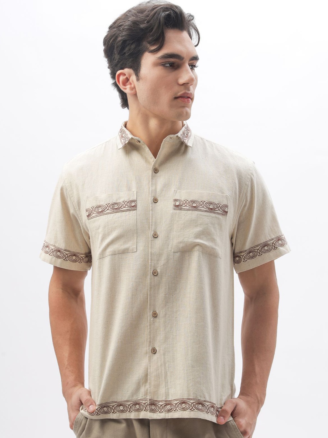 HAMPTONS Men Spread Collar Horizontal Stripes Self Design Cotton Casual Shirt, Beige
HAMPTONS Men Spread Collar Horizontal Stripes Self Design Cotton Casual Shirt, Beige