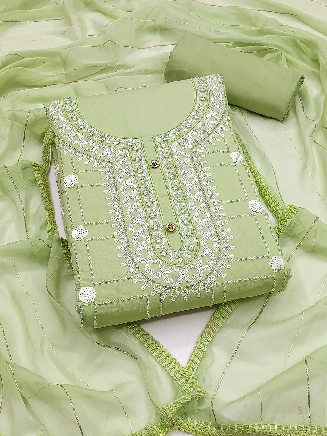Peachmode Floral Embroidered Sequinned Chanderi Silk Unstitched Dress Material, Green
Peachmode Floral Embroidered Sequinned Chanderi Silk Unstitched Dress Material, Green
