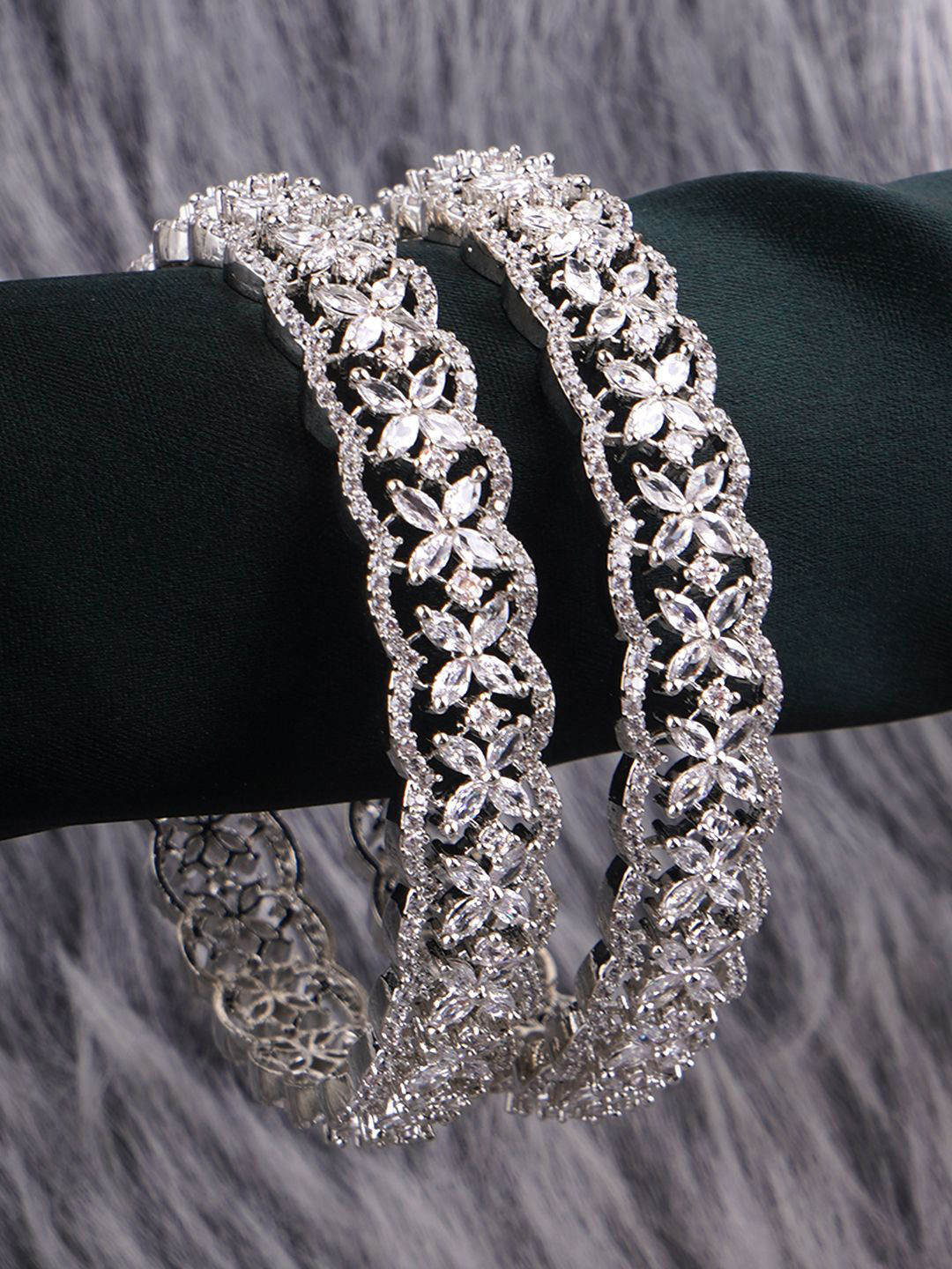 Adwitiya Collection Set Of 2 Rhodium-Plated American Diamond-Studded Bangles, Silver
Adwitiya Collection Set Of 2 Rhodium-Plated American Diamond-Studded Bangles, Silver