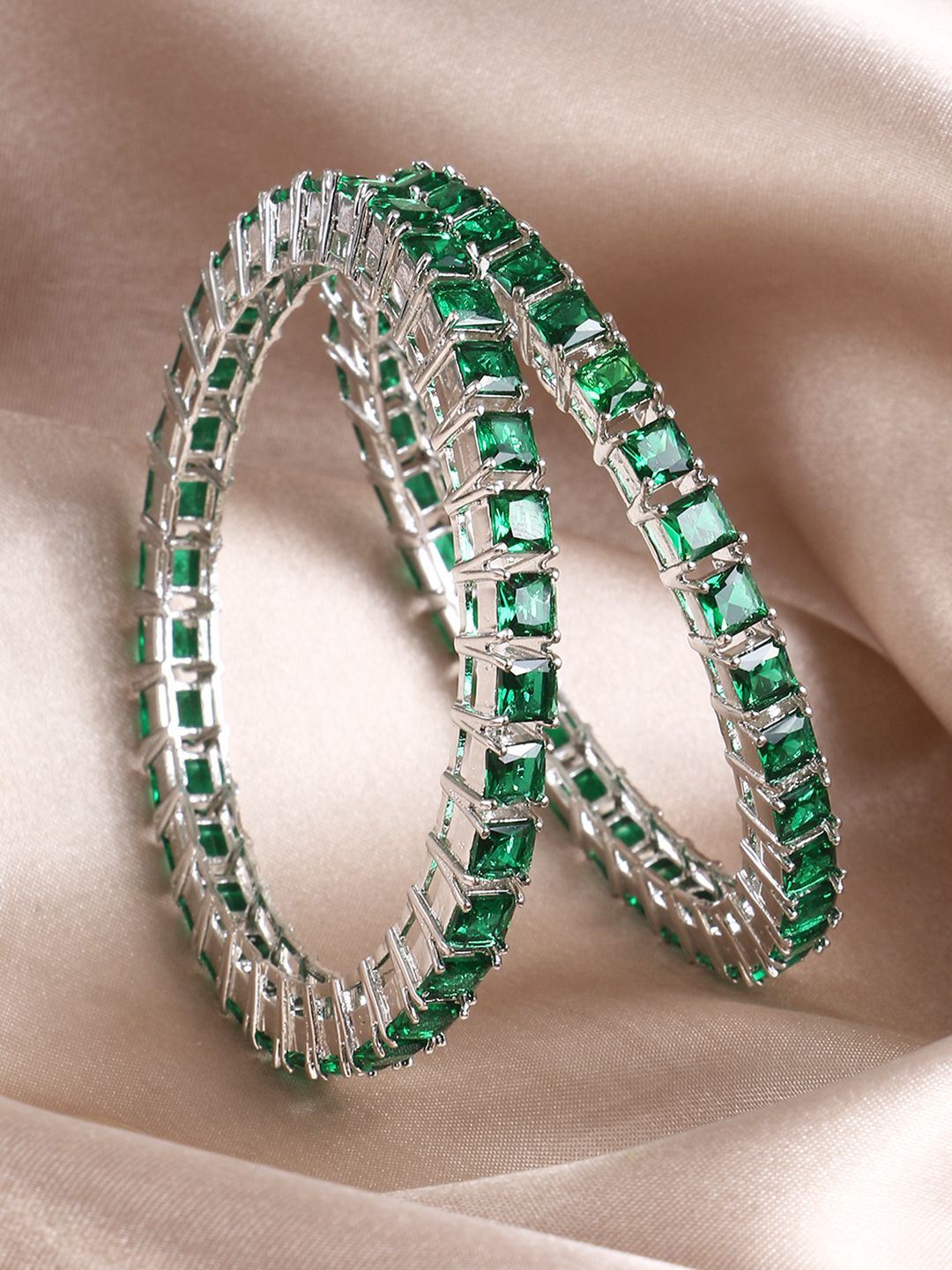 Adwitiya Collection Set Of 2 Rhodium-Plated American Diamond Stone-Studded Bangles, Silver
Adwitiya Collection Set Of 2 Rhodium-Plated American Diamond Stone-Studded Bangles, Silver