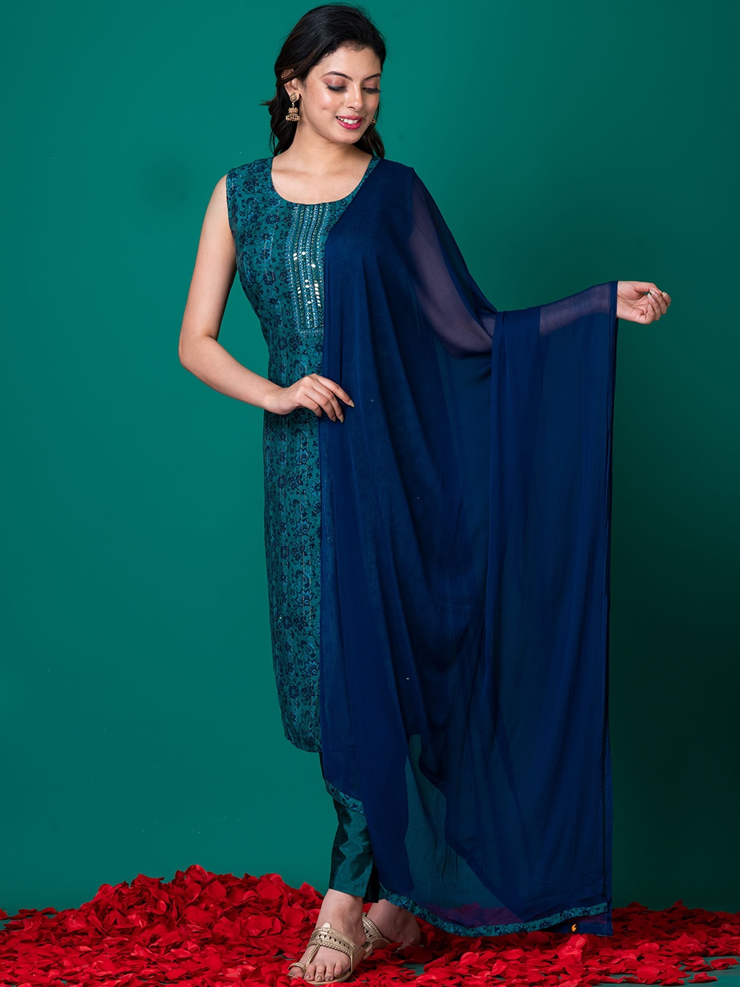 SHREE BALAJI Floral Printed Round Neck Sequined Straight Kurta With Trousers & Dupatta, Blue
SHREE BALAJI Floral Printed Round Neck Sequined Straight Kurta With Trousers & Dupatta, Blue