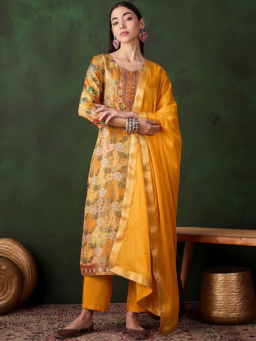 Sangria Yellow Floral Printed Beads and Stones Straight Kurta & Trousers With Dupatta
Sangria Yellow Floral Printed Beads and Stones Straight Kurta & Trousers With Dupatta