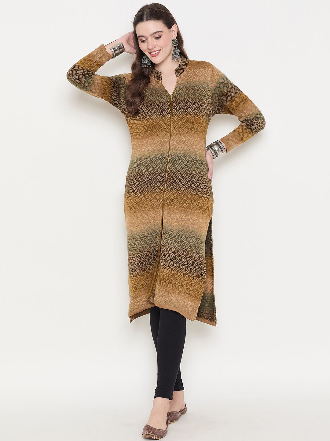 Zigo Geometric Woven Design Mandarin Collar High Slit Pure Woollen A-Line Kurta, Mustard
Zigo Geometric Woven Design Mandarin Collar High Slit Pure Woollen A-Line Kurta, Mustard