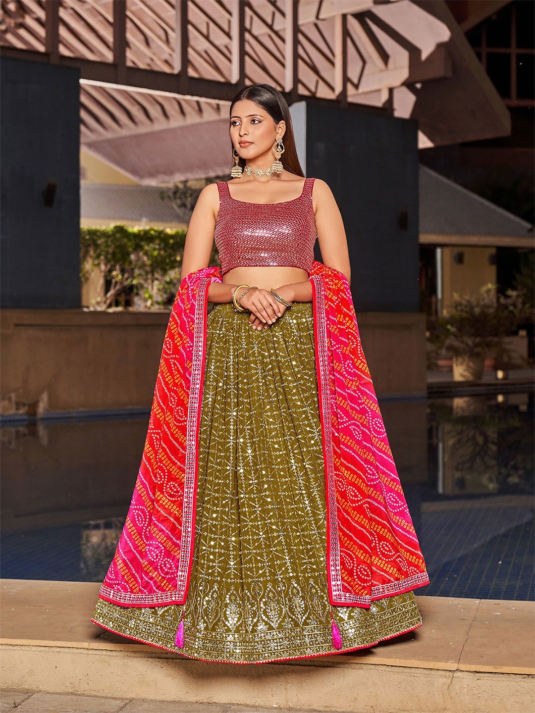 ODETTE Embellished Sequinned Semi-Stitched Lehenga & Unstitched Blouse With Dupatta, Olive
ODETTE Embellished Sequinned Semi-Stitched Lehenga & Unstitched Blouse With Dupatta, Olive