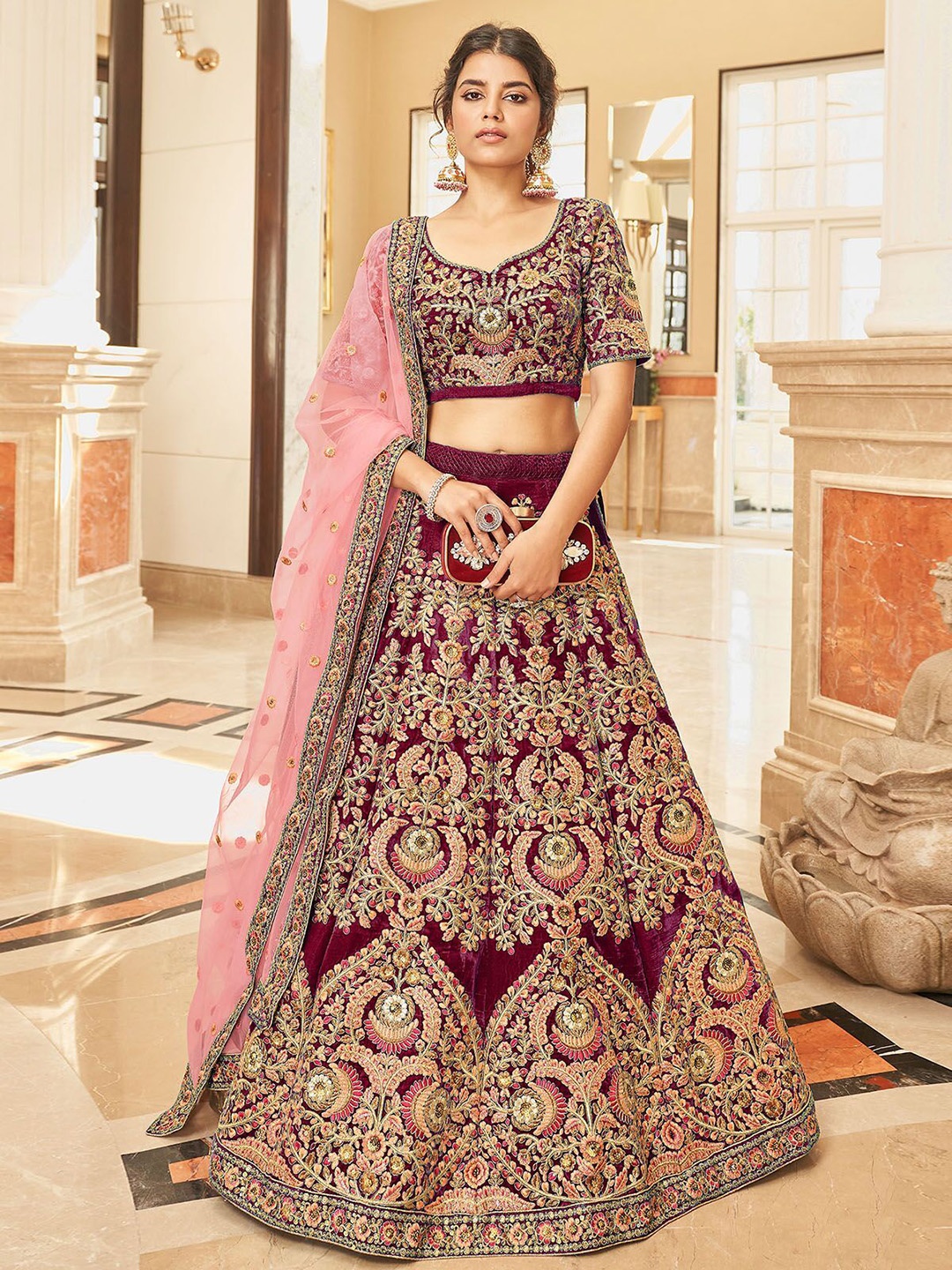 ODETTE Embroidered Velvet Semi-Stitched Lehenga & Unstitched Blouse With Dupatta, Maroon
ODETTE Embroidered Velvet Semi-Stitched Lehenga & Unstitched Blouse With Dupatta, Maroon