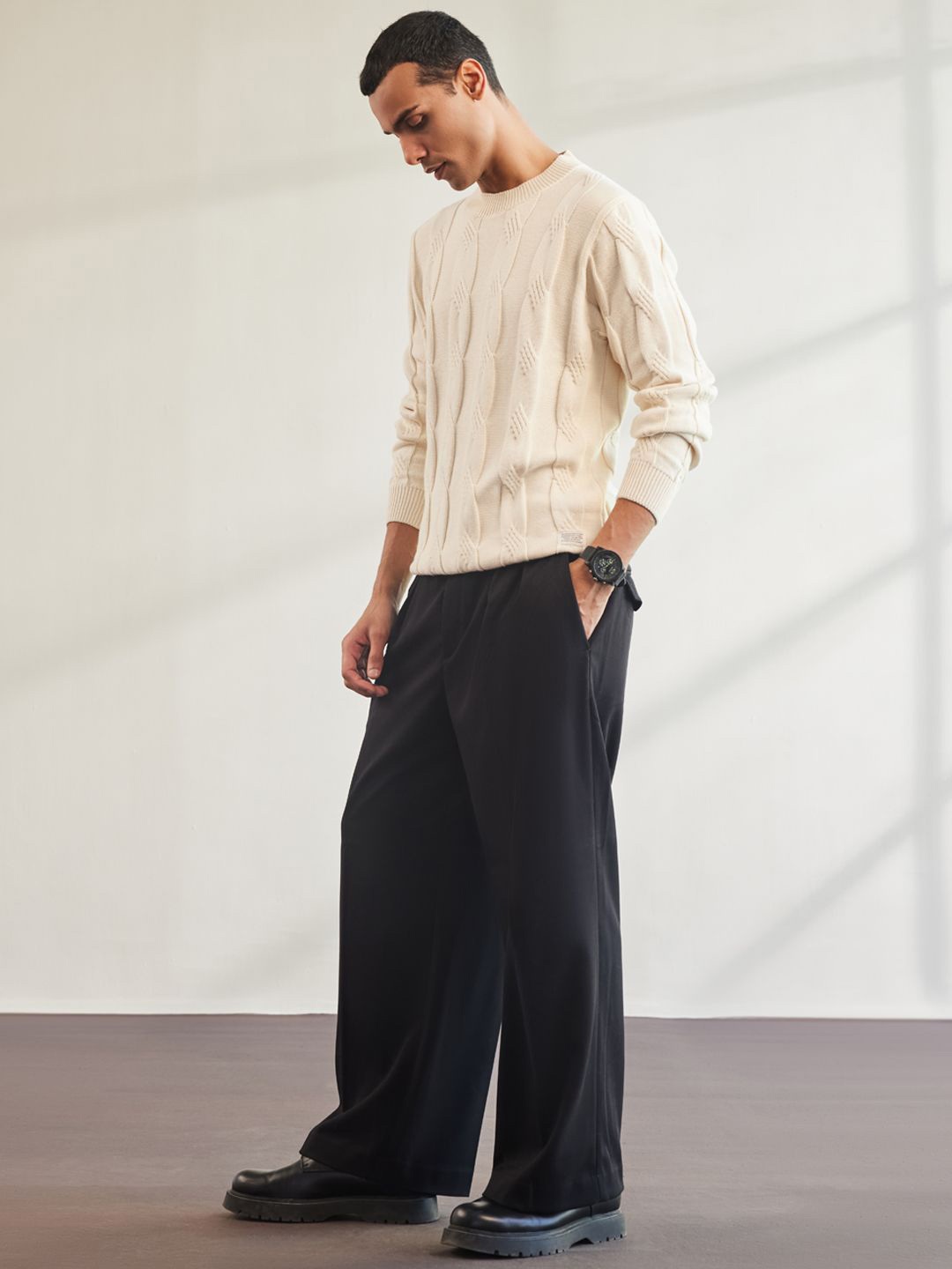 Mr Bowerbird Men Self Design Long Sleeves Cotton Cable Knit Casual Pullover, Off white
Mr Bowerbird Men Self Design Long Sleeves Cotton Cable Knit Casual Pullover, Off white