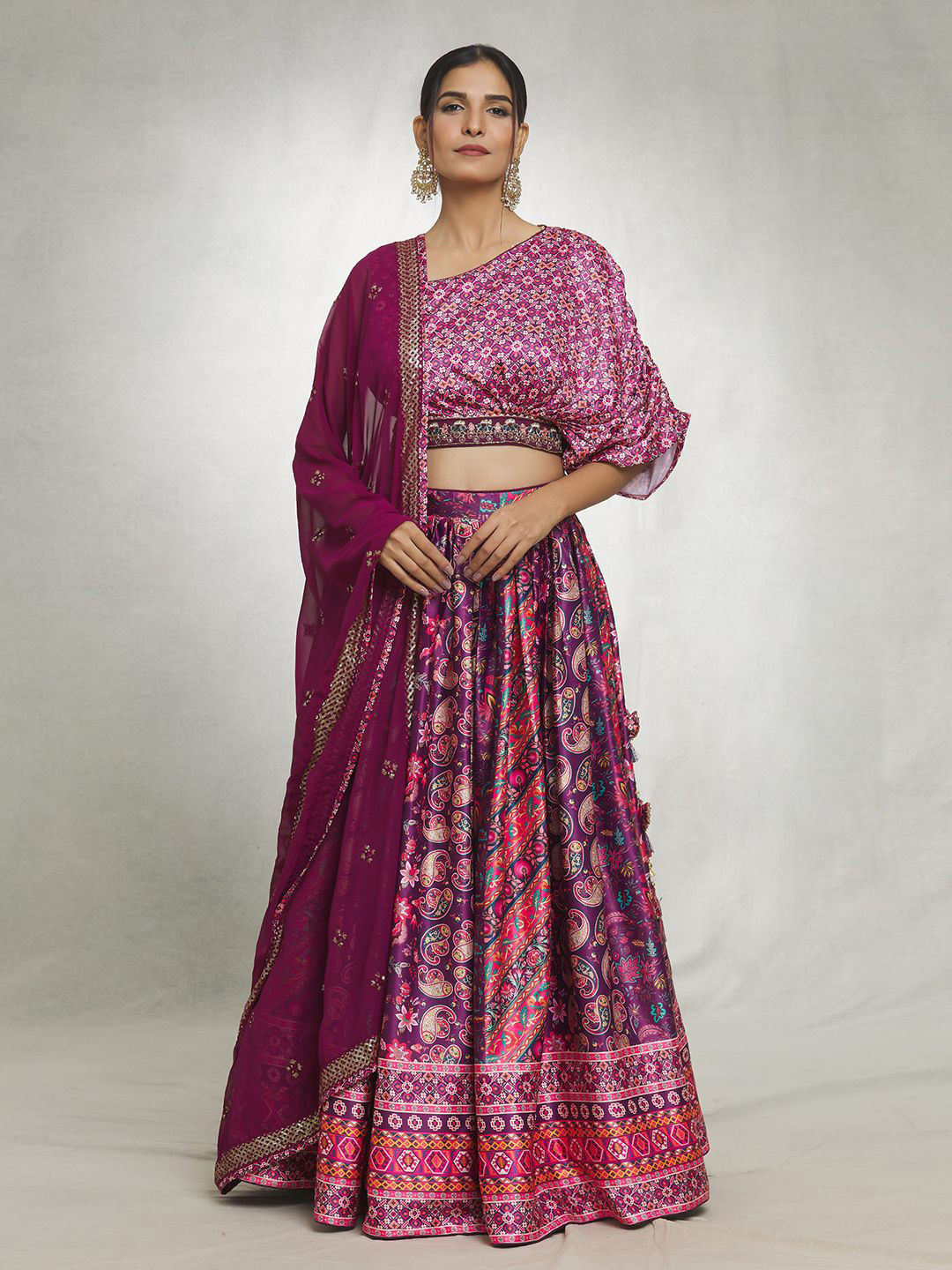 Samyukta Singhania Ikat Printed One Shoulder Mirror Work Satin Ready to Wear Lehenga Choli, Purple
Samyukta Singhania Ikat Printed One Shoulder Mirror Work Satin Ready to Wear Lehenga Choli, Purple