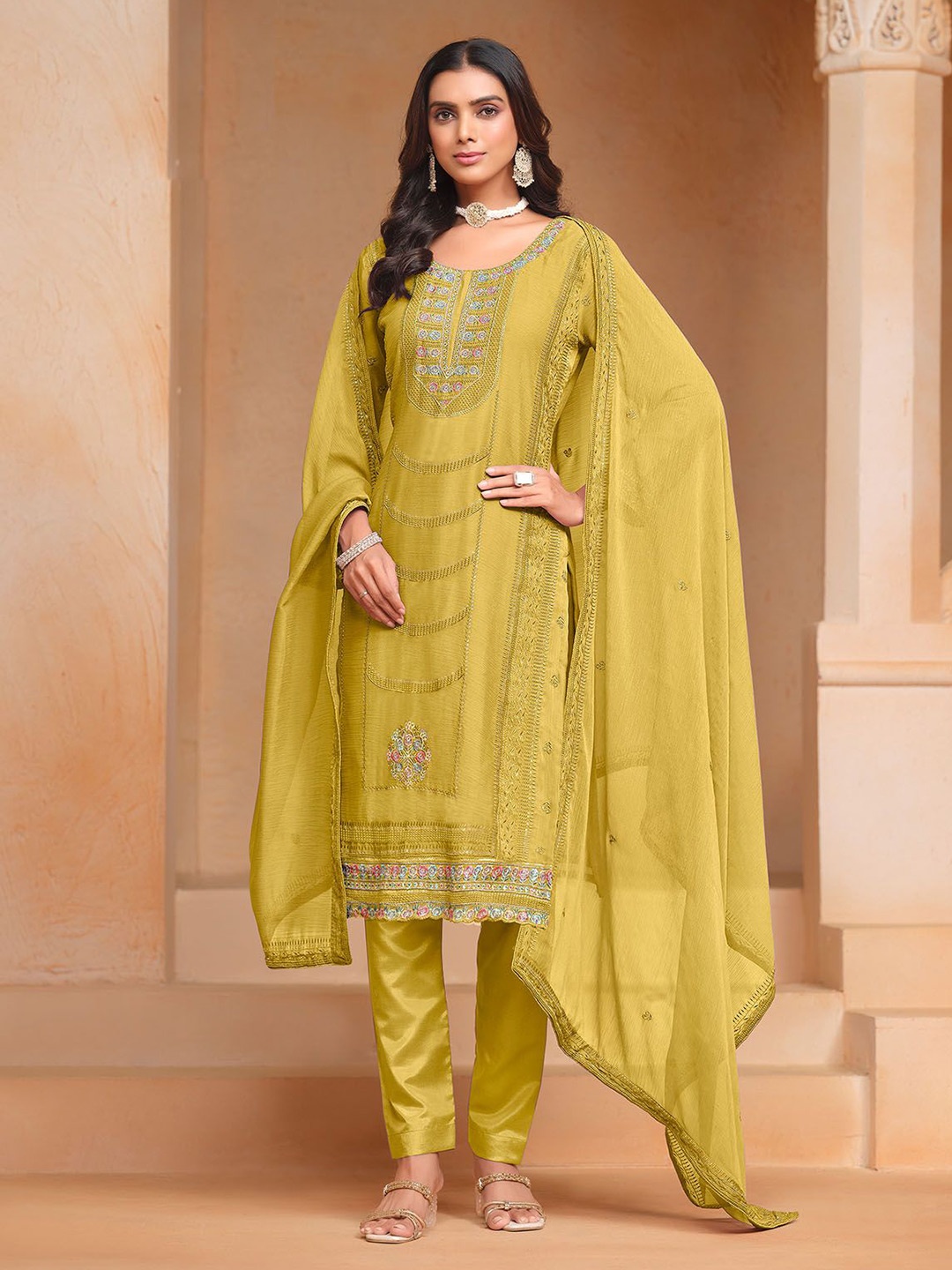 ODETTE Floral Embroidered Straight Sequinned Kurta with Churidar & Dupatta, Yellow
ODETTE Floral Embroidered Straight Sequinned Kurta with Churidar & Dupatta, Yellow
