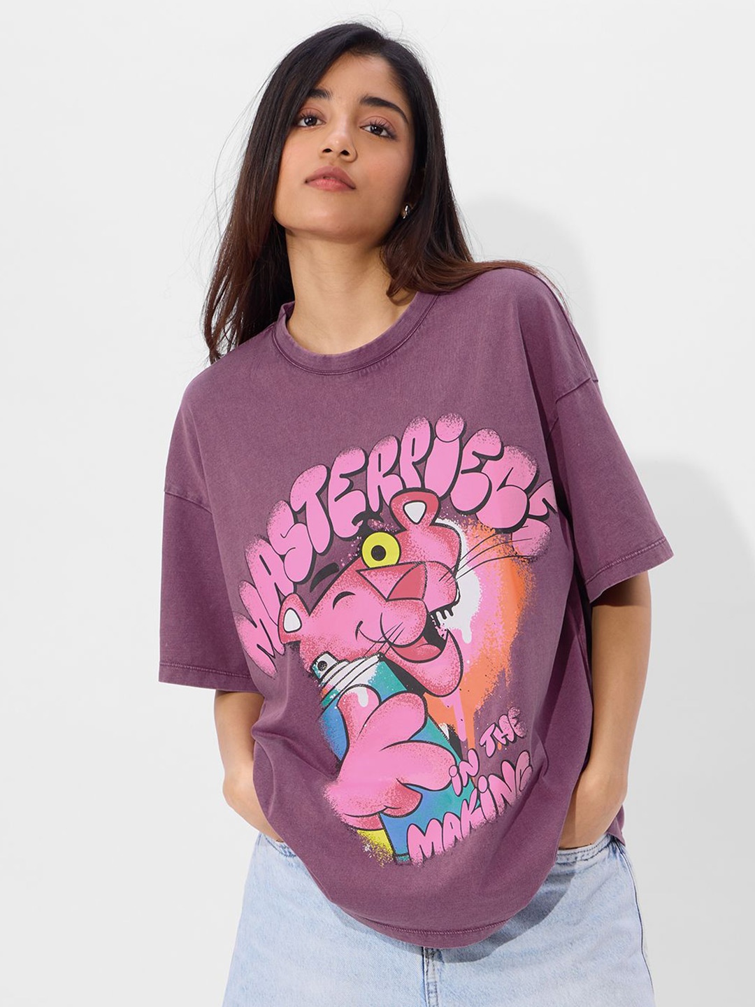 The Souled Store Women Graphic Printed Round Neck Cotton Oversized T-shirt, Purple
The Souled Store Women Graphic Printed Round Neck Cotton Oversized T-shirt, Purple