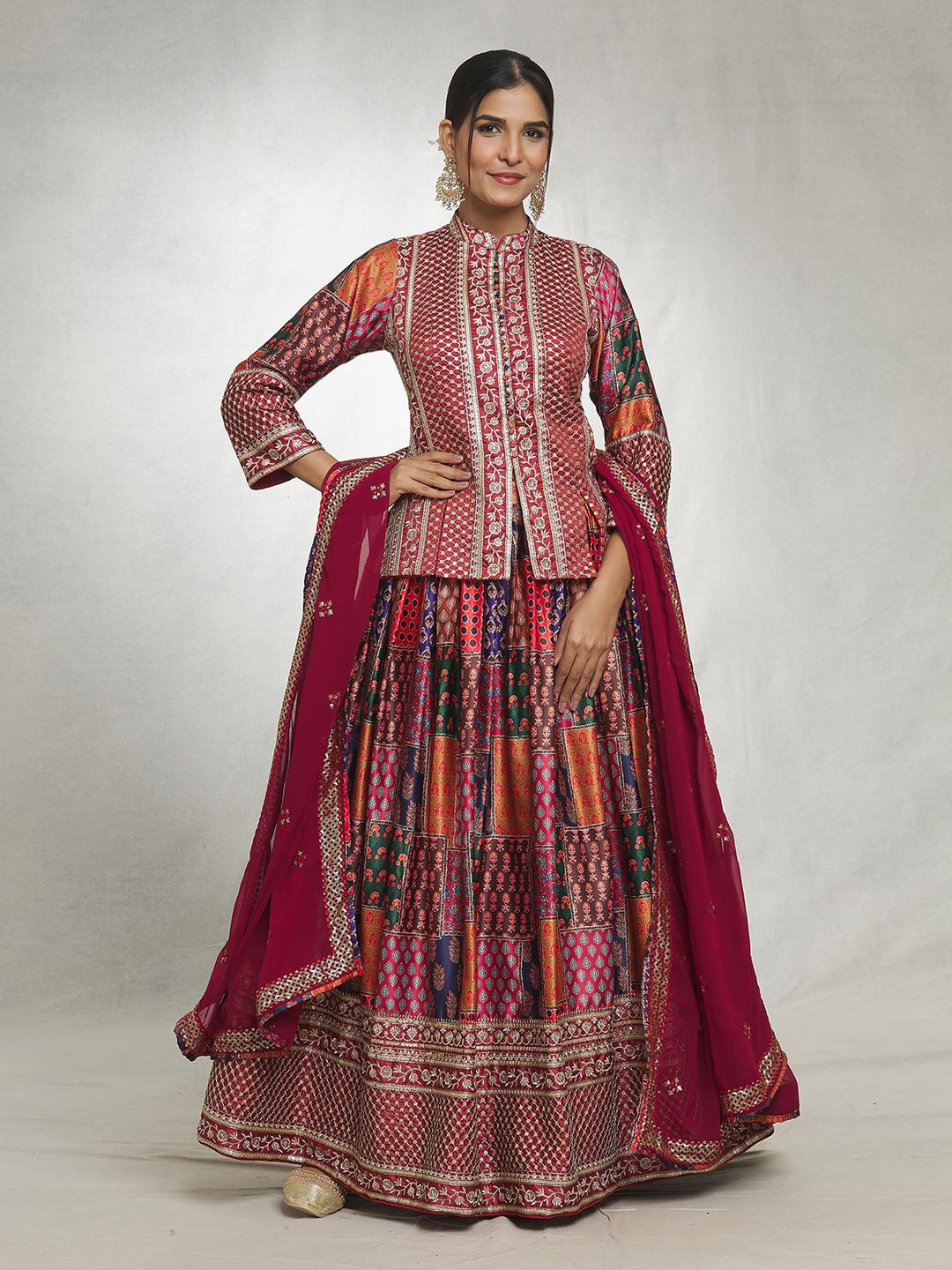Samyukta Singhania Embroidered Sequinned Mandarin Collar Satin Ready to Wear Lehenga Choli, Maroon
Samyukta Singhania Embroidered Sequinned Mandarin Collar Satin Ready to Wear Lehenga Choli, Maroon
