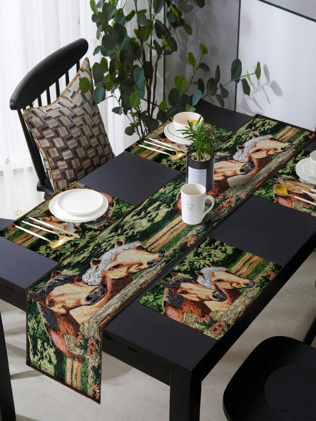 PRAKARTIK Set of 5 Brown Floral Printed Rectangle Shaped Cotton Dining Table Mats With Runner, Green
PRAKARTIK Set of 5 Brown Floral Printed Rectangle Shaped Cotton Dining Table Mats With Runner, Green
