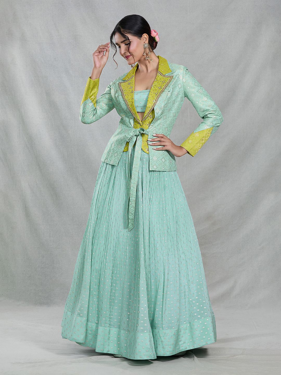 Samyukta Singhania Woven Design Banarasi Silk Ready to Wear Lehenga With Blouse & Jacket, Green
Samyukta Singhania Woven Design Banarasi Silk Ready to Wear Lehenga With Blouse & Jacket, Green